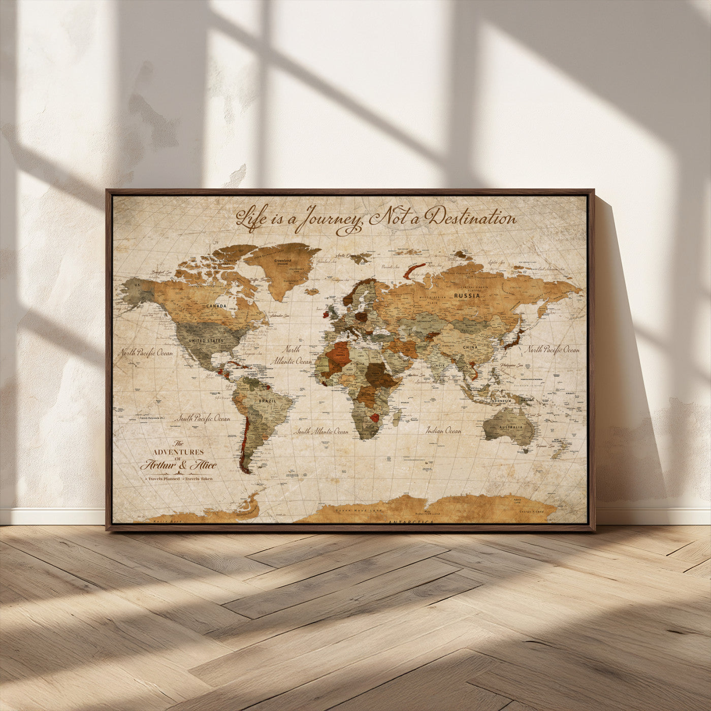 MGV-FC-36X24 - Customizable Framed World Map Wall Art, Personalized Push Pin Travel Maps Canvas Print, Handcrafted in USA, 100 Pins with Foam Backing