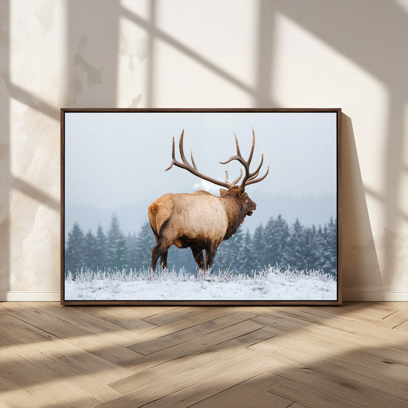 A majestic elk standing in a snowy landscape, with large antlers, set against a backdrop of evergreen trees and a soft winter sky.