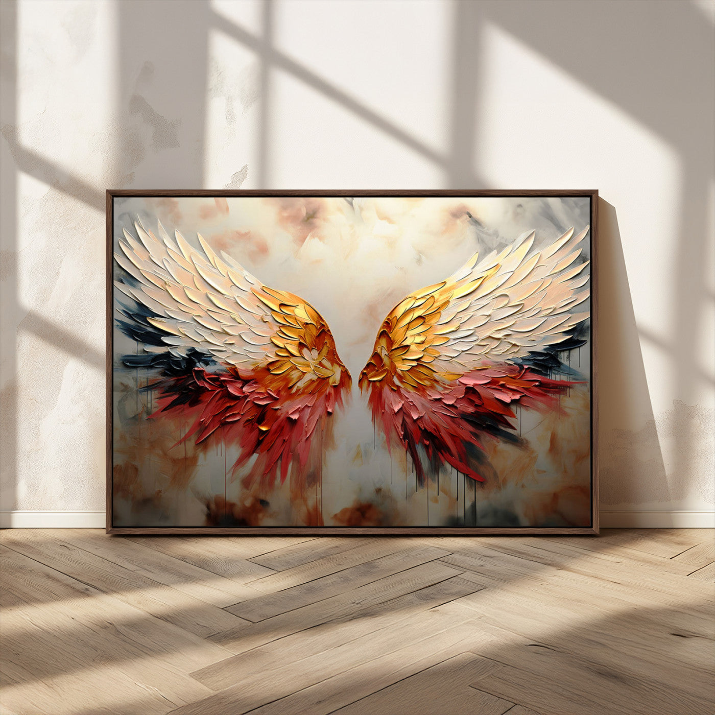 A stunning 3D-style painting of angel wings with vibrant gold, red, and black hues, creating a dramatic and striking visual effect.