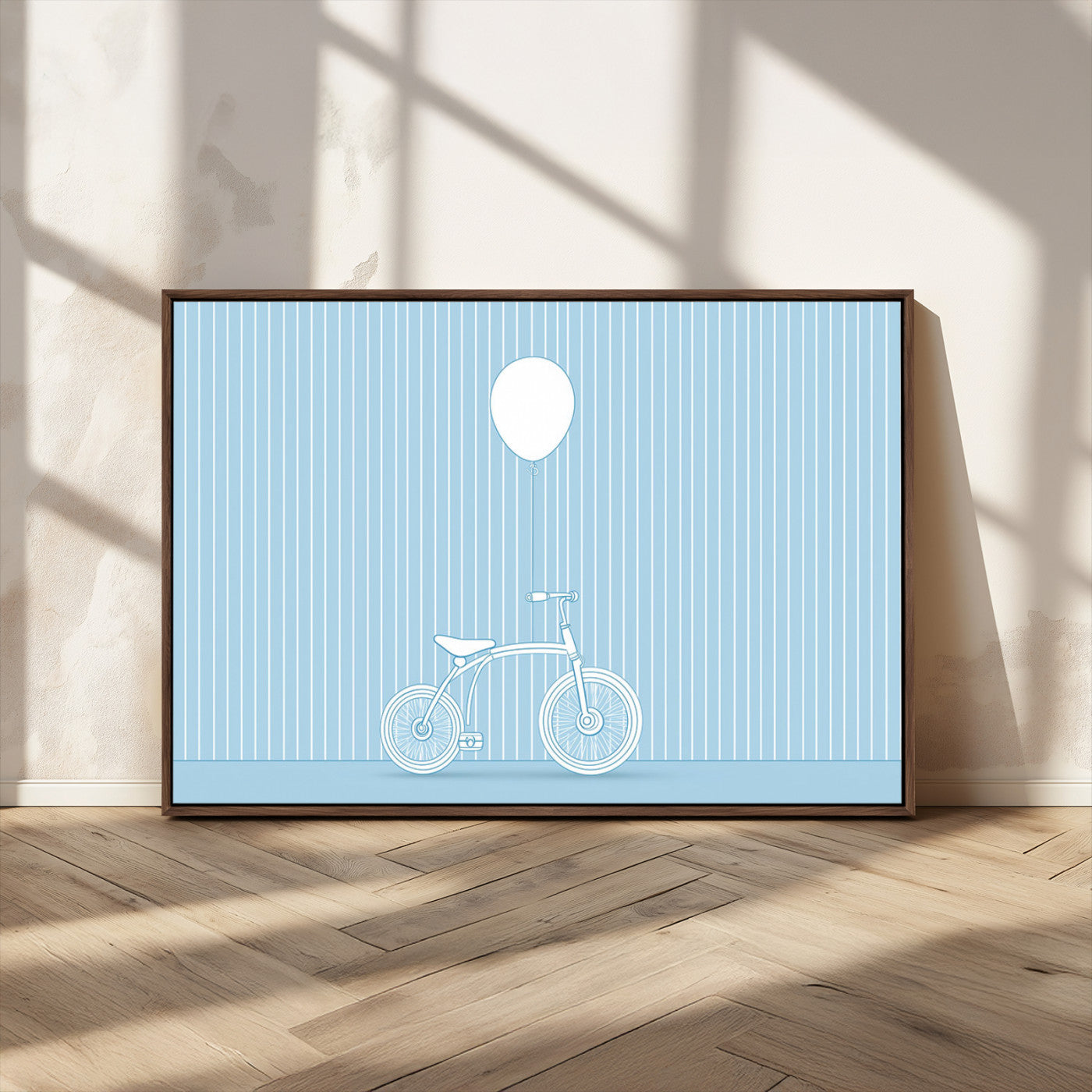 A minimalistic blue line drawing of a bicycle with a balloon floating above it, set against a soft striped background.