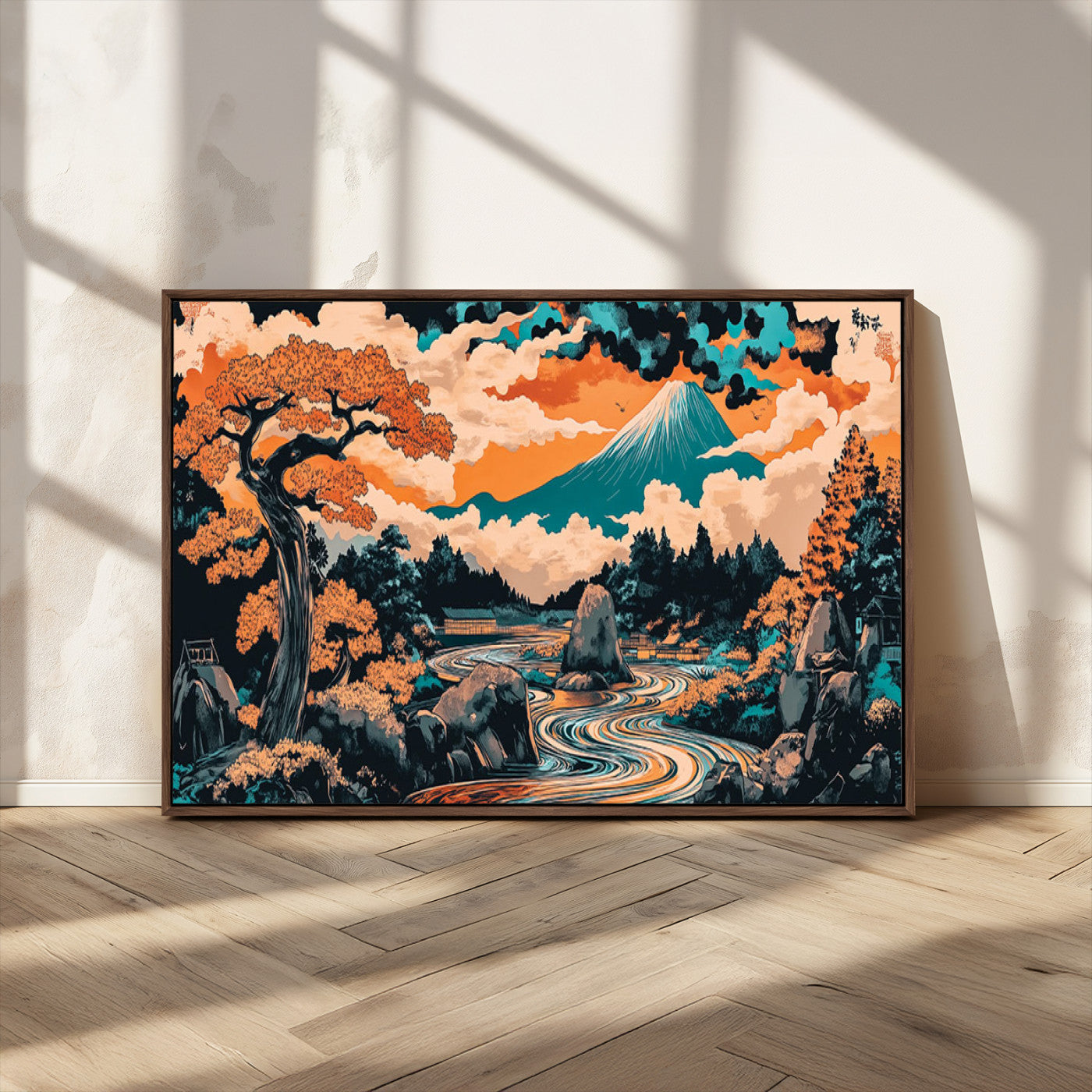 A vibrant Japanese-inspired landscape featuring Mount Fuji, a winding river, and autumn-colored trees under a dramatic sky, in bold and vivid hues.