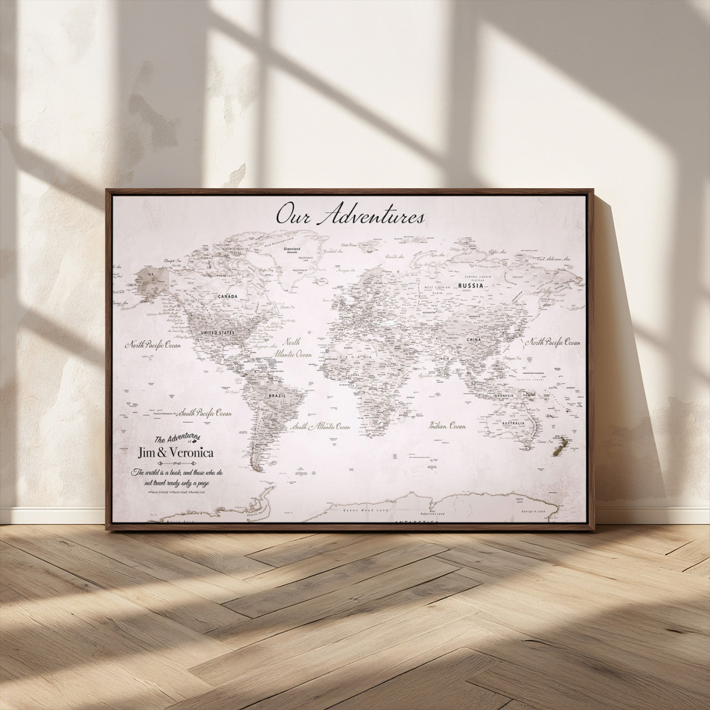 Customize Push Pin World Map Wall Canvas Print – Personalized Travel Map with Foam Pins – Framed Custom Quotie Canvas for Home Office Decor