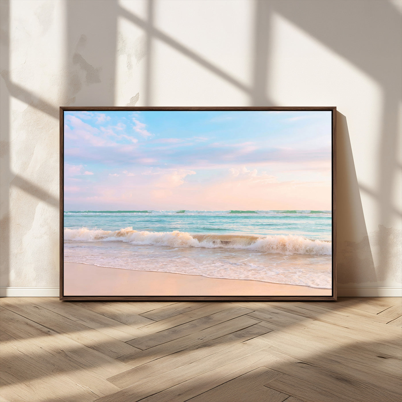 A peaceful beach scene with soft pastel skies, gentle waves washing up on the sandy shore, creating a calm and serene ocean view.