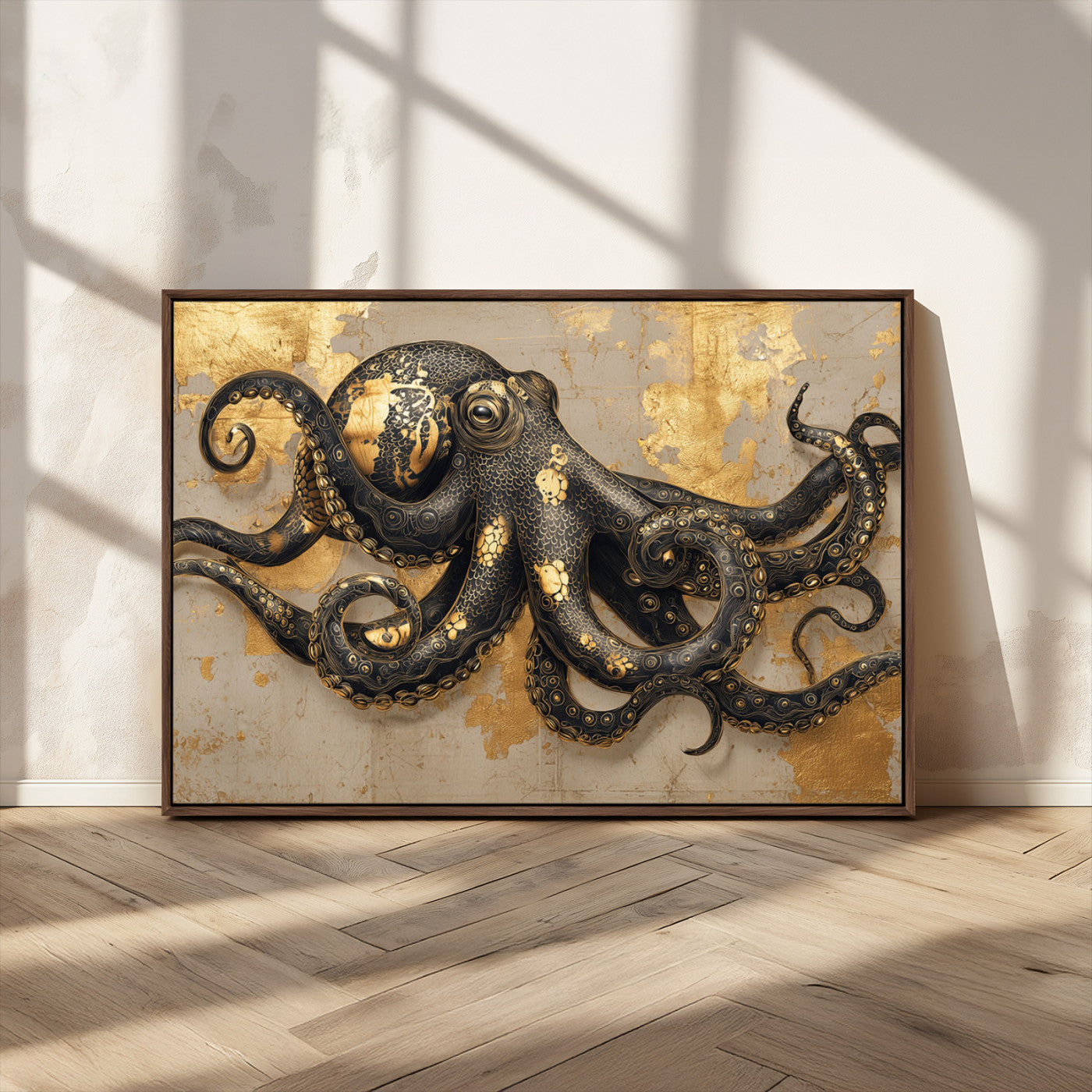 A stunning golden and black illustration of an octopus on a textured background with gold leaf accents, highlighting its intricate tentacles and unique design.