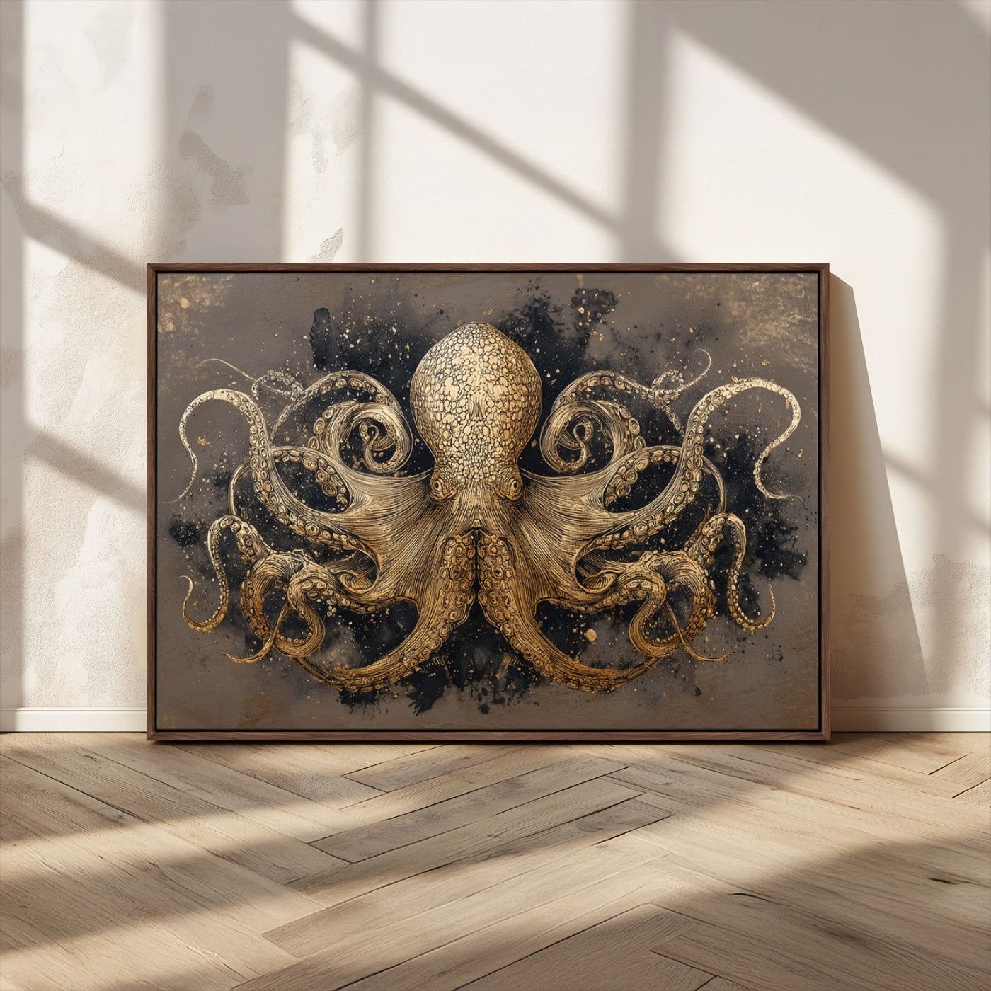 A beautifully detailed illustration of an octopus in gold ink on a textured dark background, with swirling tentacles and intricate patterns.