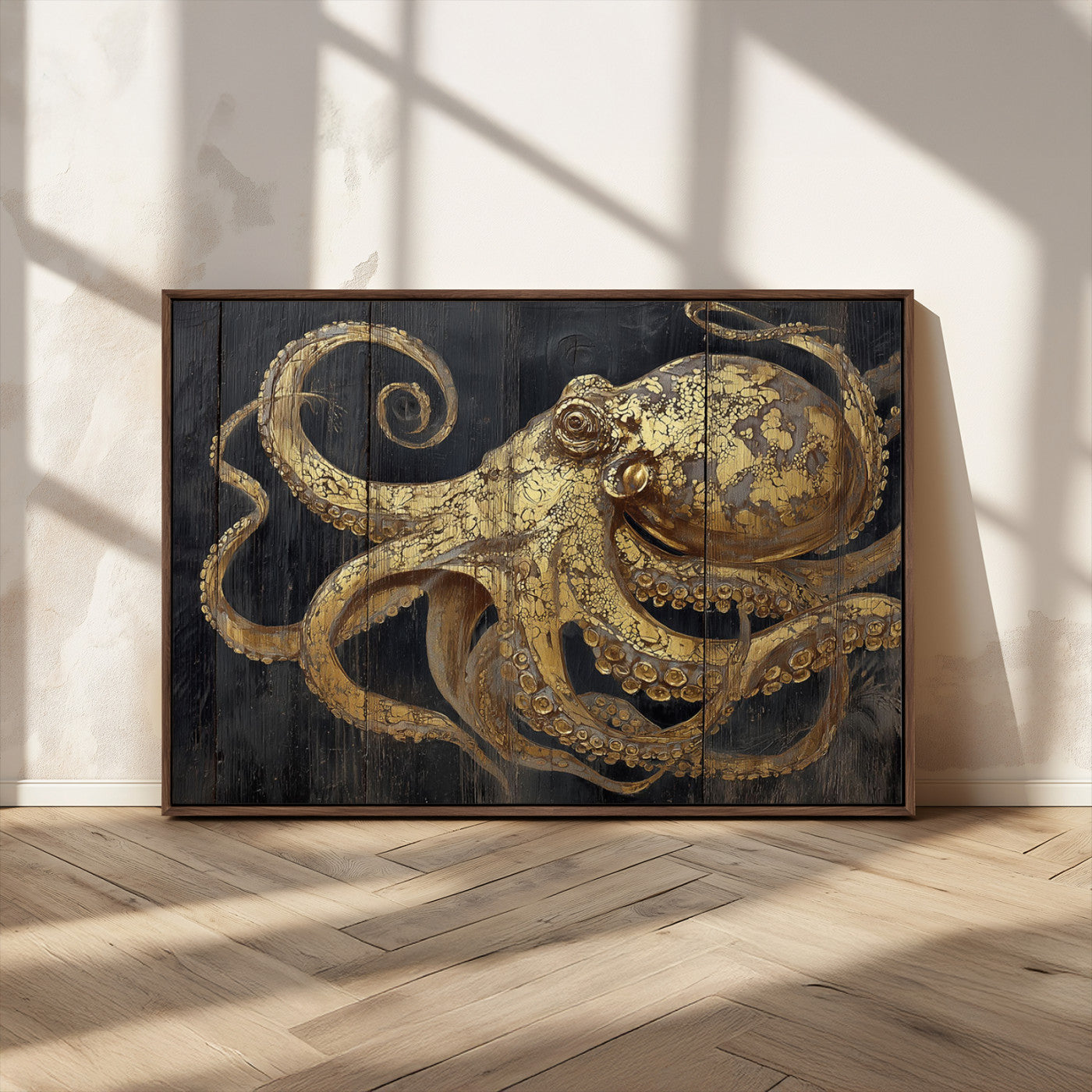 A detailed gold illustration of an octopus on black wooden planks, showing its intricate tentacles and textured skin in an artistic style.