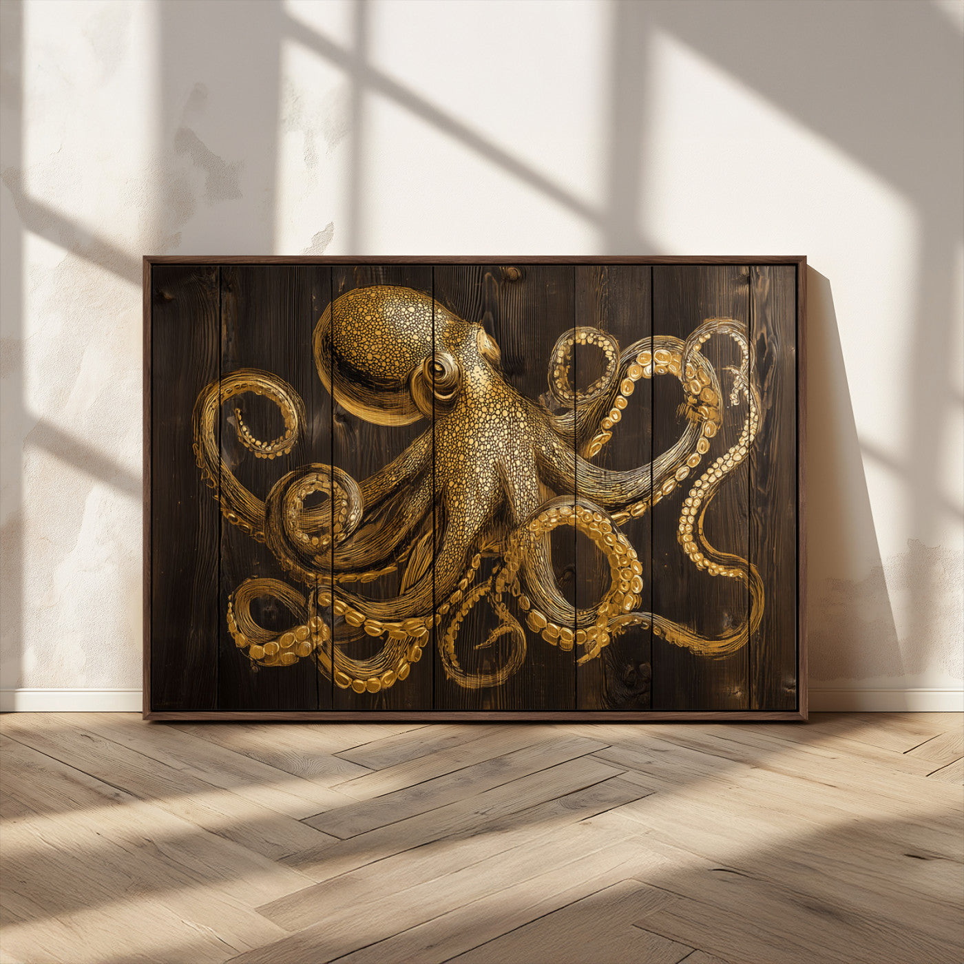 An artistic rendering of an octopus in gold ink on wooden planks, showcasing intricate details of its tentacles and textured skin.