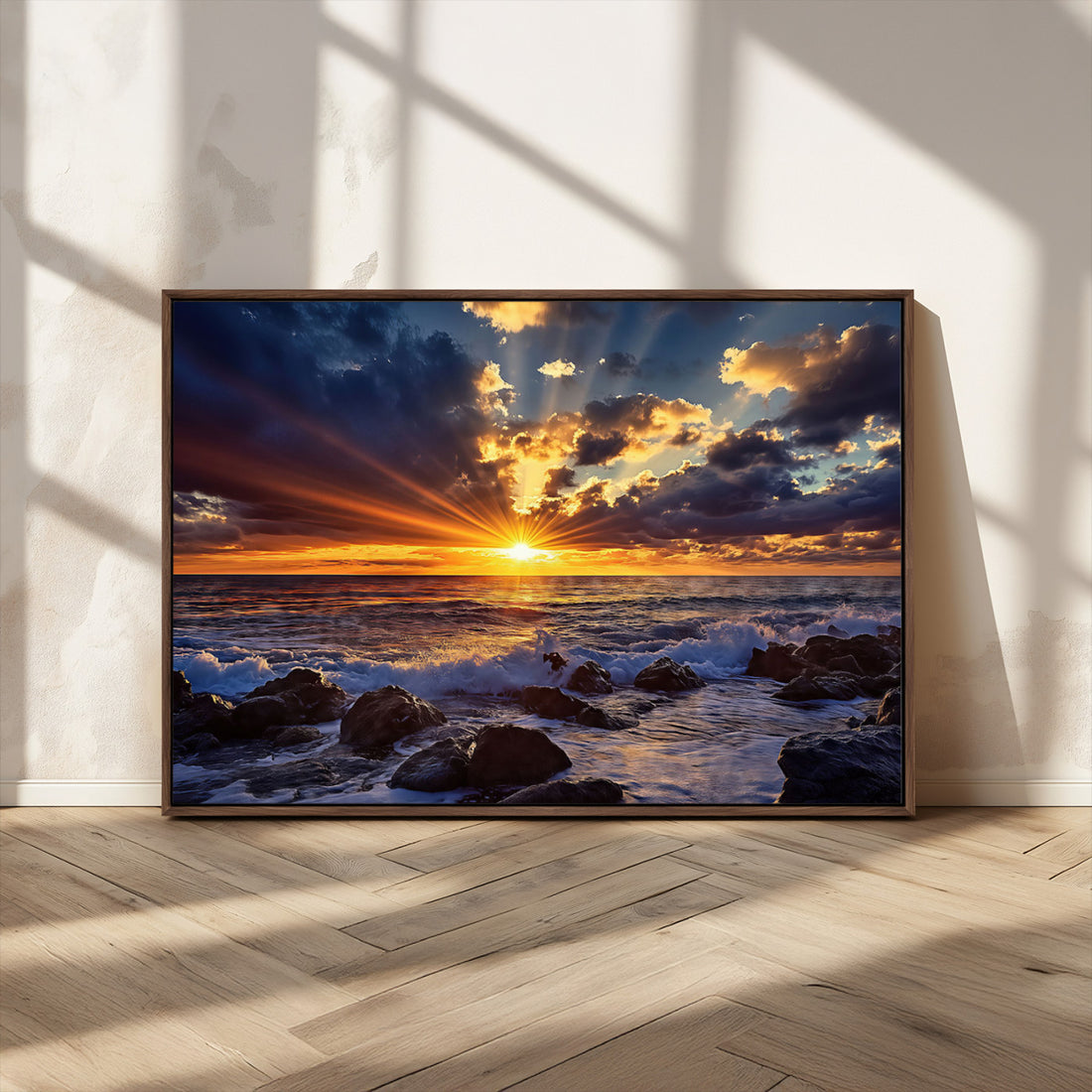 Sunset Ocean Wall Art Canvas Print, Waves on a Rocky Shore Under Dramatic Sky