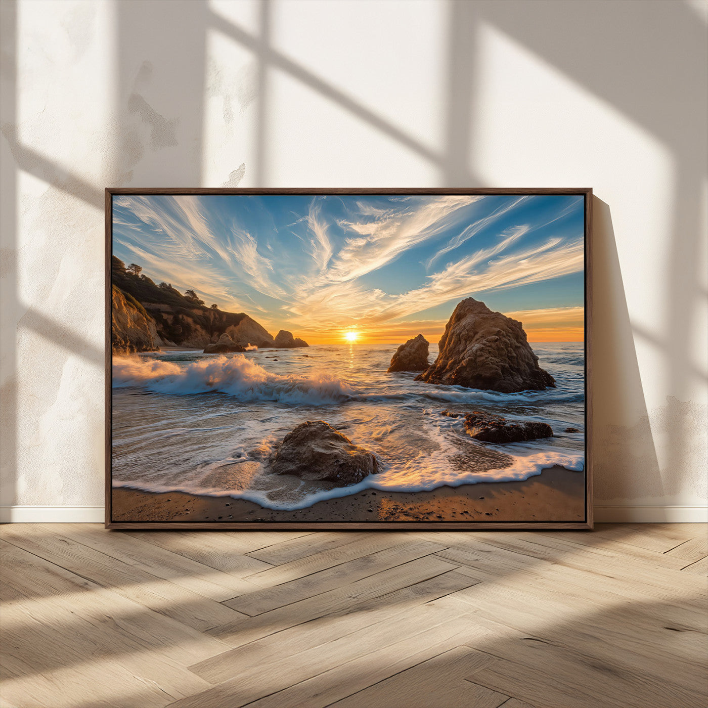 Rocky Ocean Sunset Wall Art Print, Seaside Canvas Wall Art, Dramatic Seascape Canvas Print for Coastal Modern Decor, Ocean Sunset Art Printing