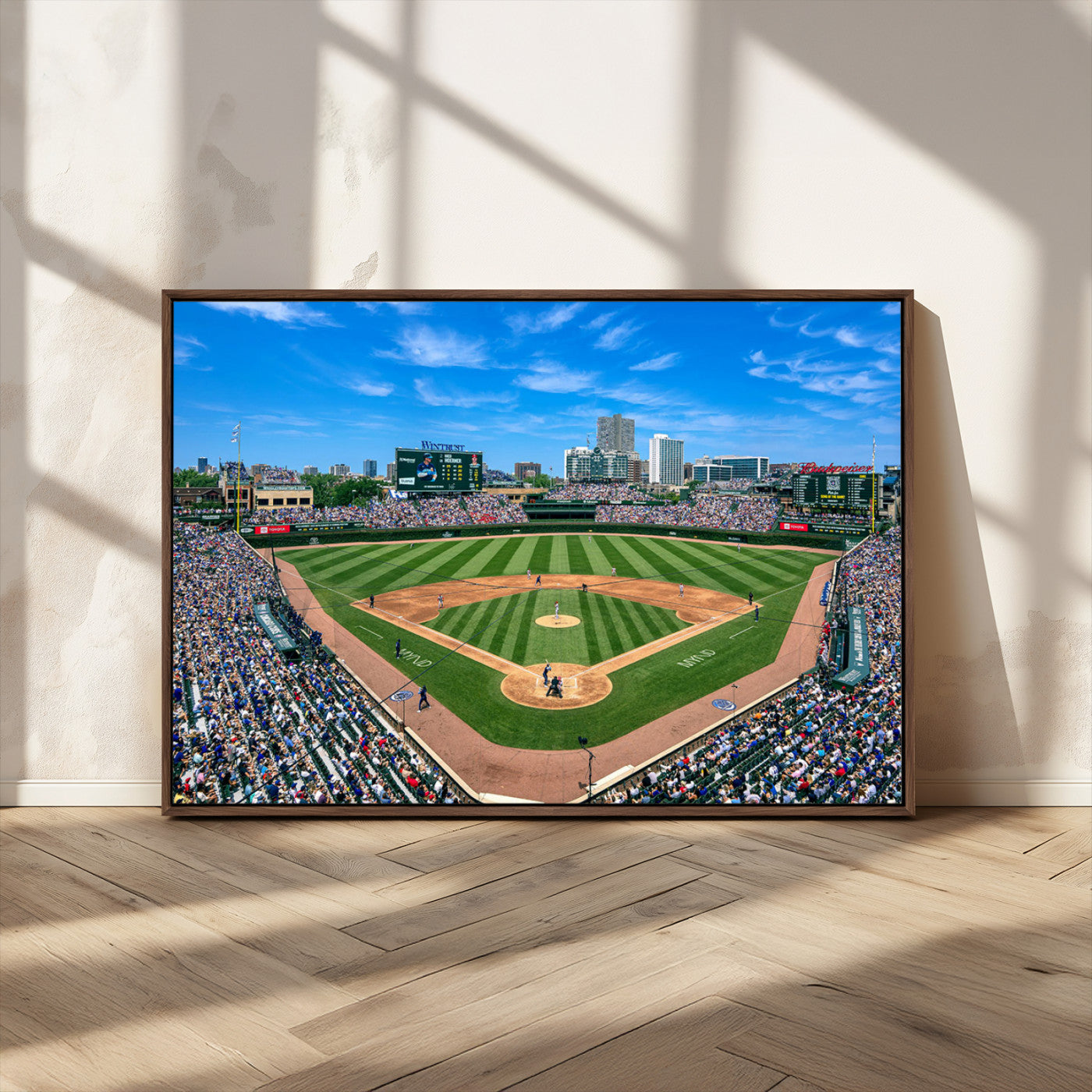 Wrigley Field Baseball Stadium Canvas Wall Art, Packed Crowd Sports Stadium Print, City Skyline Baseball Field Canvas for Game Room Decor