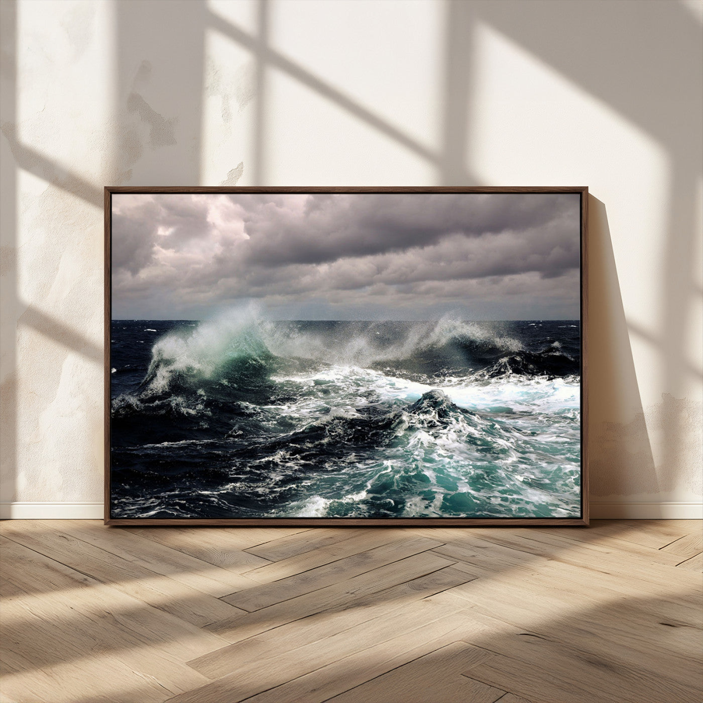 Powerful ocean waves crashing under stormy skies, creating a dynamic and intense seascape.