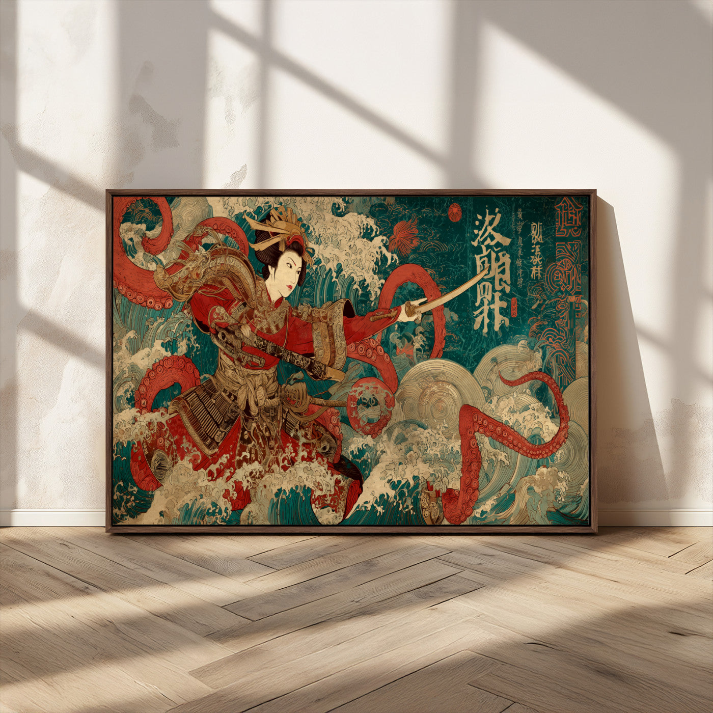 MGV-FC-36X24 - Tsukioka Yoshitoshi Samurai Wall Art Print, Japanese Katana Warrior Canvas Wall Art, Octopus Sea Monster Canvas Print,