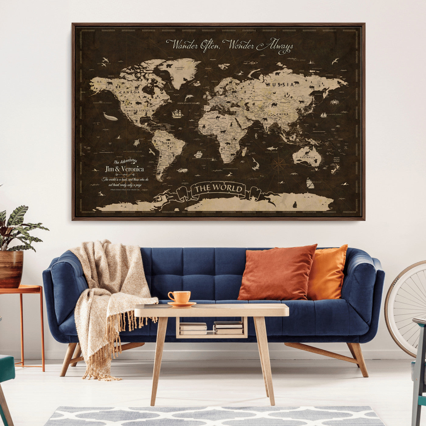 47004909-MGV-CV-36X24-Customize Push Pin World Map Wall Art Canvas Print – Personalized Map for Kids Room – Framed Custom Animal Map for Stady Room Decor