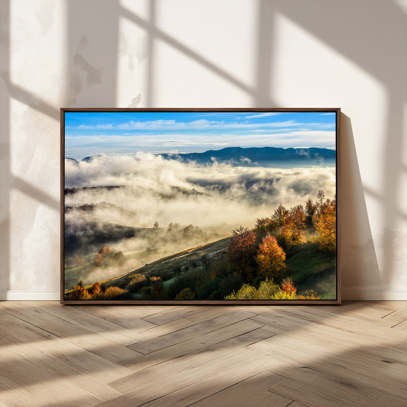 21551192-MGV-CV-36X24-Misty Autumn Hills Canvas Wall Art, Foggy Forest Landscape, Fall Foliage Beauty, Serene Mountain View, Cozy Home Decor, Office Tranquility, Nature Calm Print