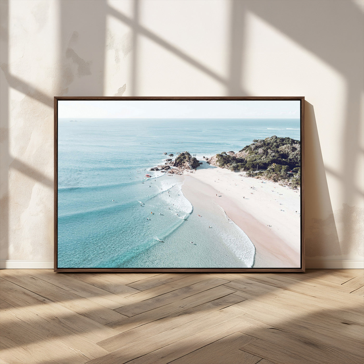 79395467-MGV-CV-36X24-Aerial Beach Canvas Wall Art Print, Coastal Ocean Waves and Surfers, Large Scenic Seaside Canvas for Home or Office 1 Panel Wrapped Canvas