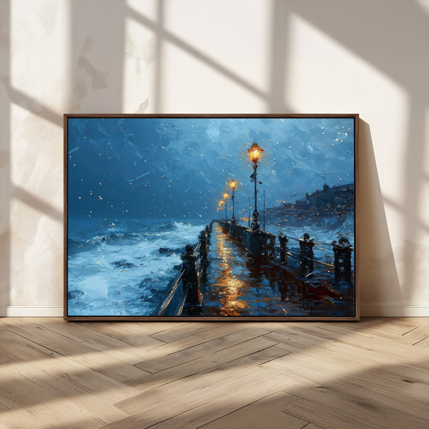 "Impressionistic painting of a stormy pier with street lamps glowing, waves crashing, and a misty ocean under a blue sky."