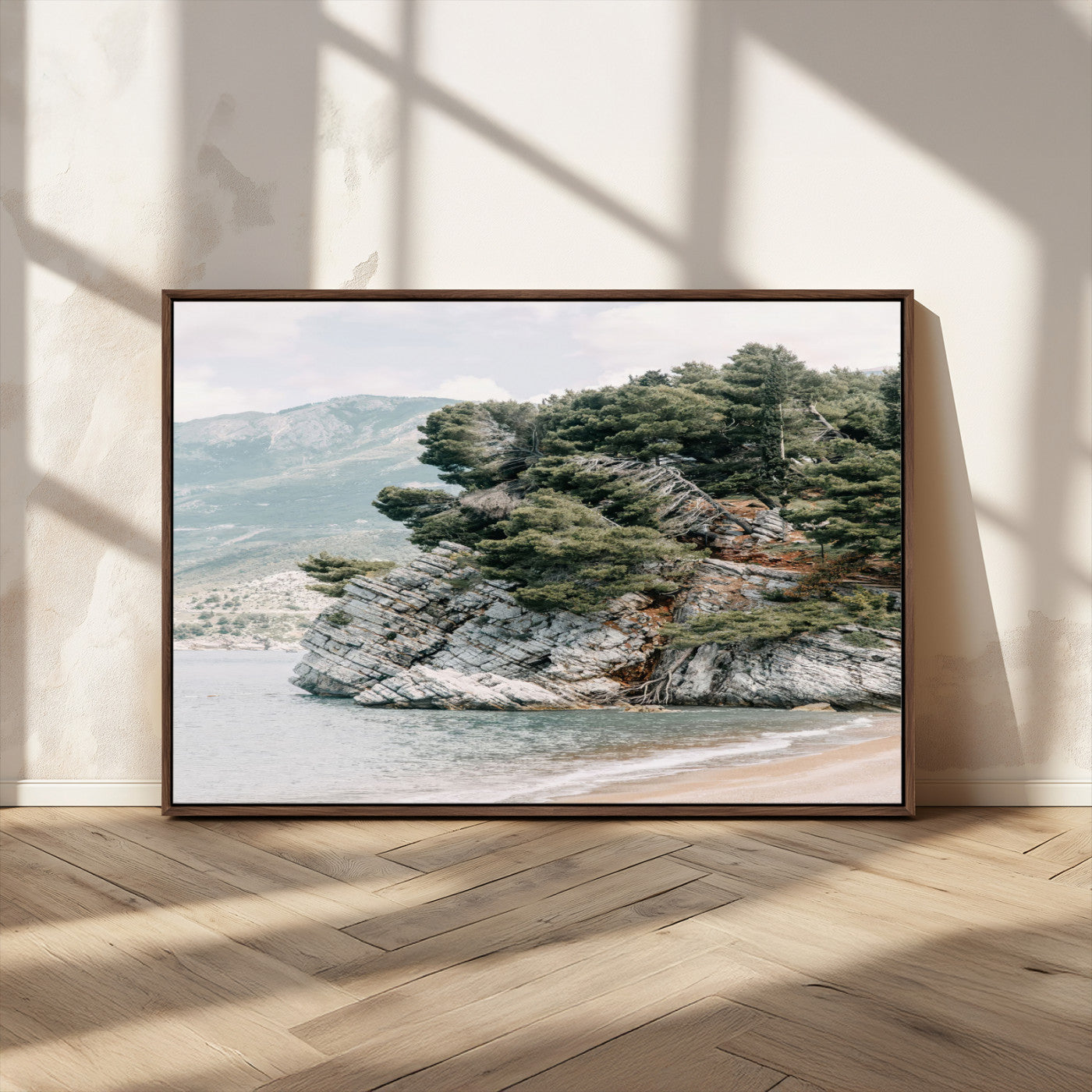 MGV-FC-36X24 - Coastal Rock Canvas Wall Art Print, Scenic Beach Landscape, Pine Trees on Rocky Cliff, Large Nature