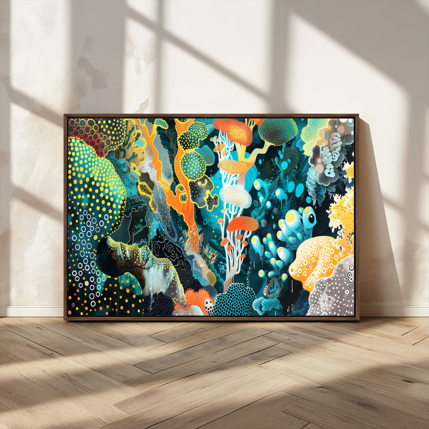 Colorful abstract coral reef scene featuring vibrant underwater plants, marine patterns, and fluid organic shapes – Wall Art Canvas Print.