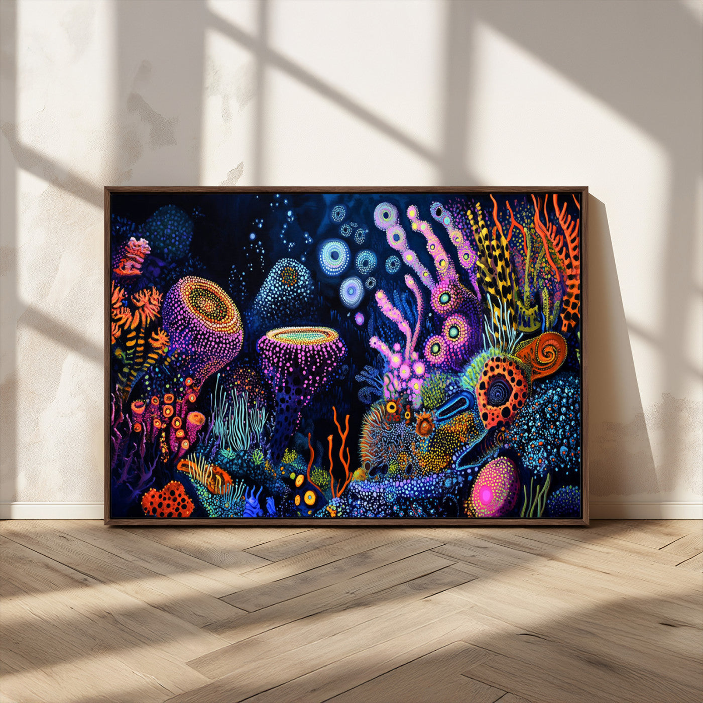 Vibrant and colorful abstract underwater coral reef artwork with diverse shapes and glowing patterns – Wall Art Canvas Print.