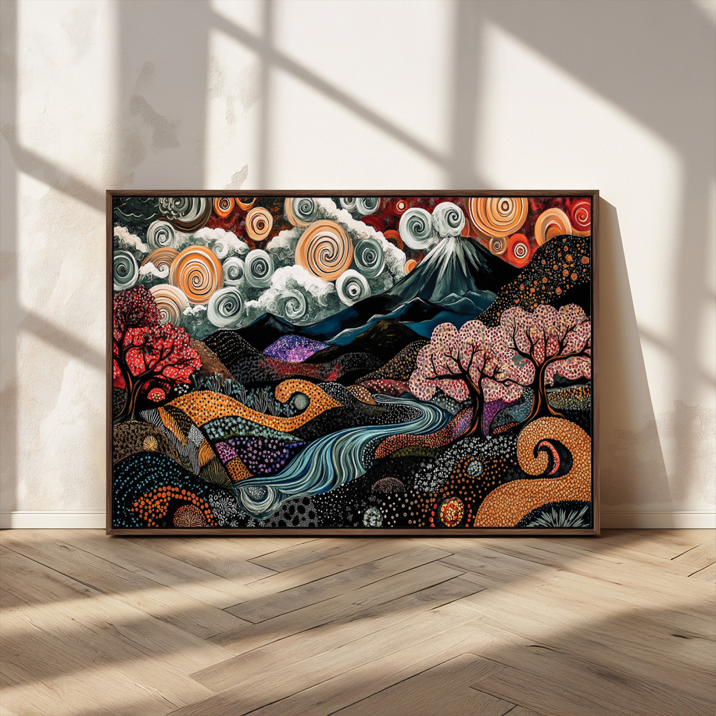 Vibrant abstract landscape painting featuring swirling clouds, colorful trees, flowing river, and textured hills under a mountain – Wall Art Canvas Print.