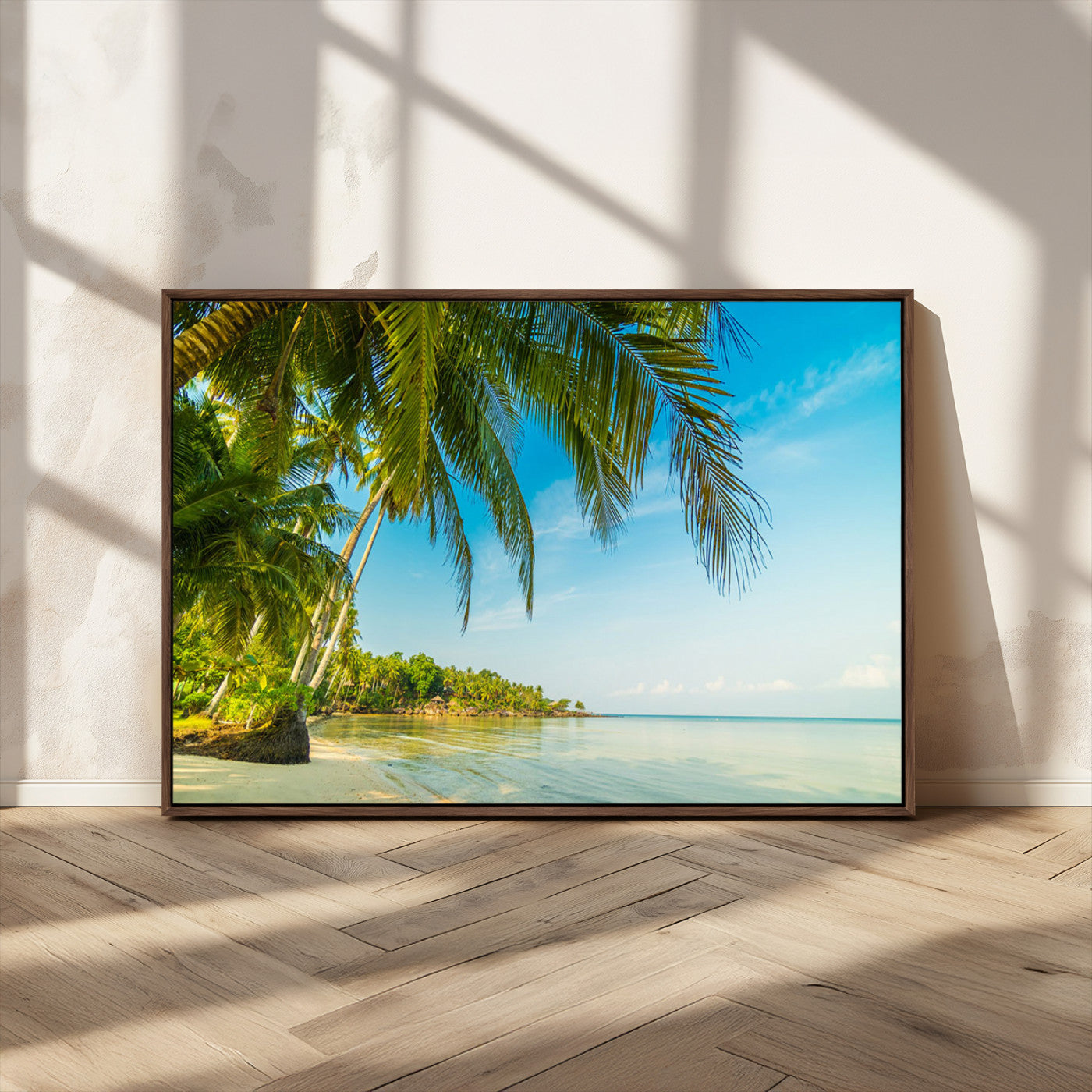 MGV-FC-36X24 - Peaceful Tropical Beach with Palm Trees and Calm Blue Sea – Serene Coastal Wall Art Canvas Print for
