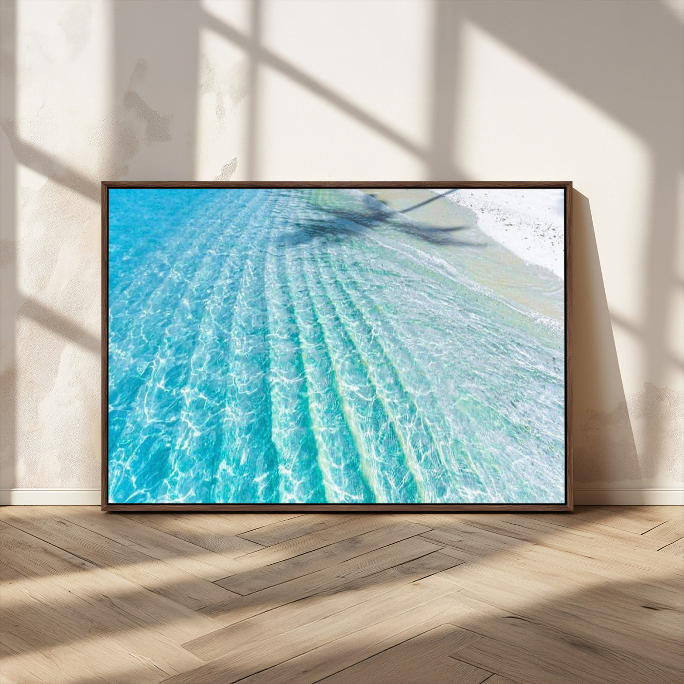 17528159-MGV-CV-36X24-Crystal Clear Shallow Ocean Water with Sunlight Reflections and Palm Tree Shadow on Sandy Beach – Beautiful Wall Art Canvas Print for Coastal Decor