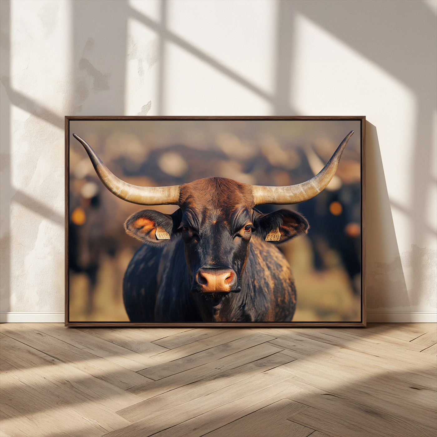 35515971-MGV-CV-36X24-Majestic bull head close-up, long curved horns, detailed fur texture, warm sunlight, focused gaze, Wall Art Canvas Print