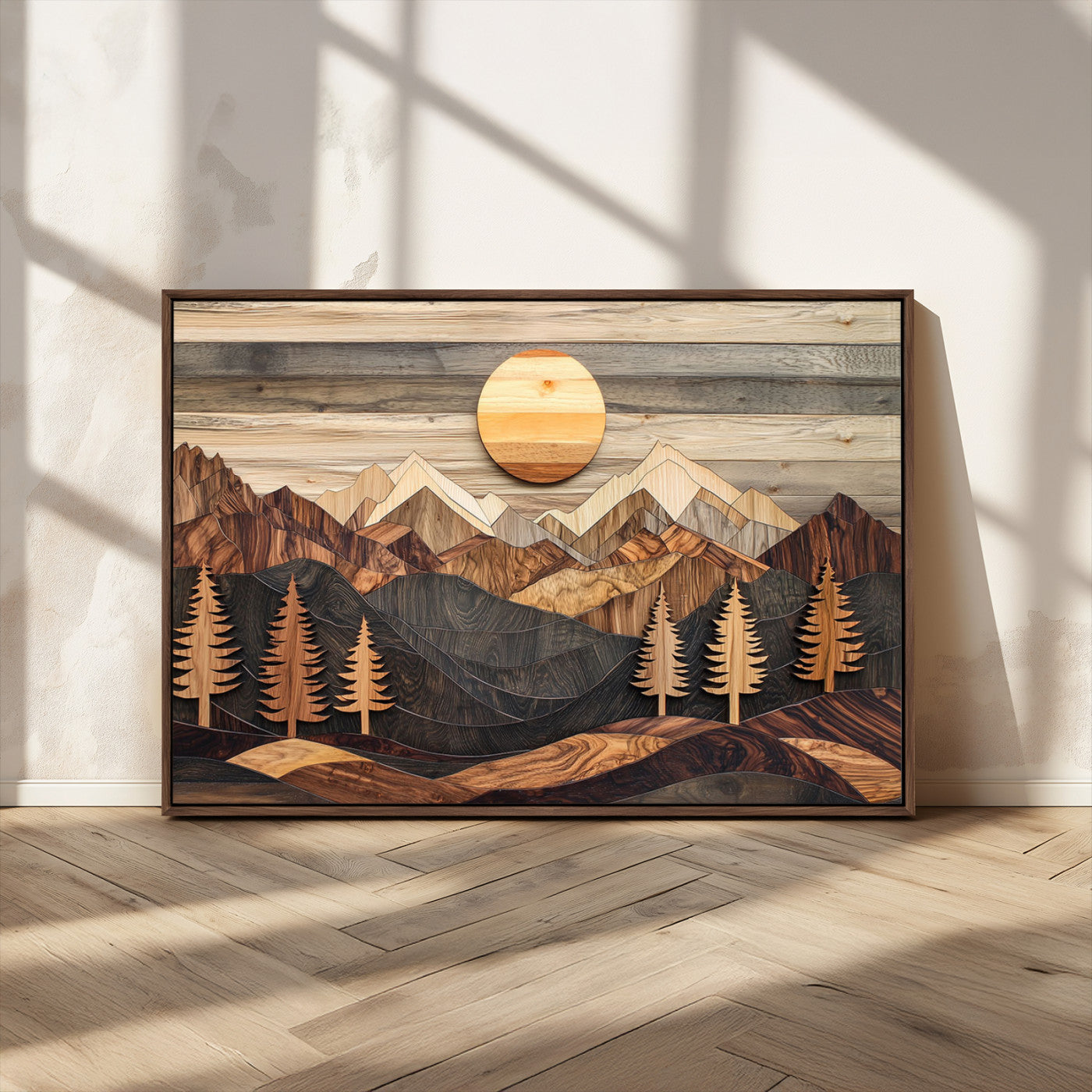 MGV-FC-36X24 - Wooden Mountain Layers Canvas Wall Art – Rustic Pine Tree Landscape with Sunlight Artistic Nature