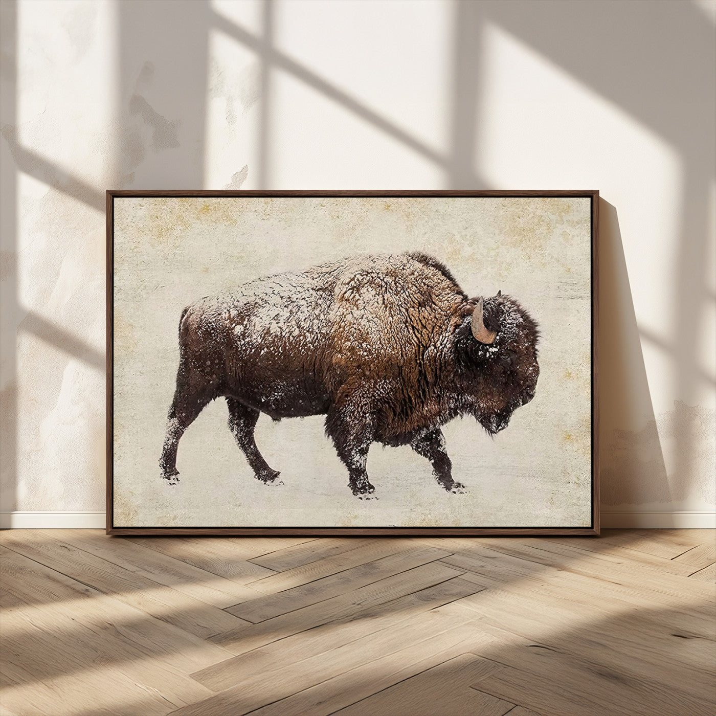 54810031-MGV-CV-36X24-Snow-dusted bison silhouette textured vintage style rugged wildlife art with neutral tones perfect for rustic home decor Wall Art Canvas Print design