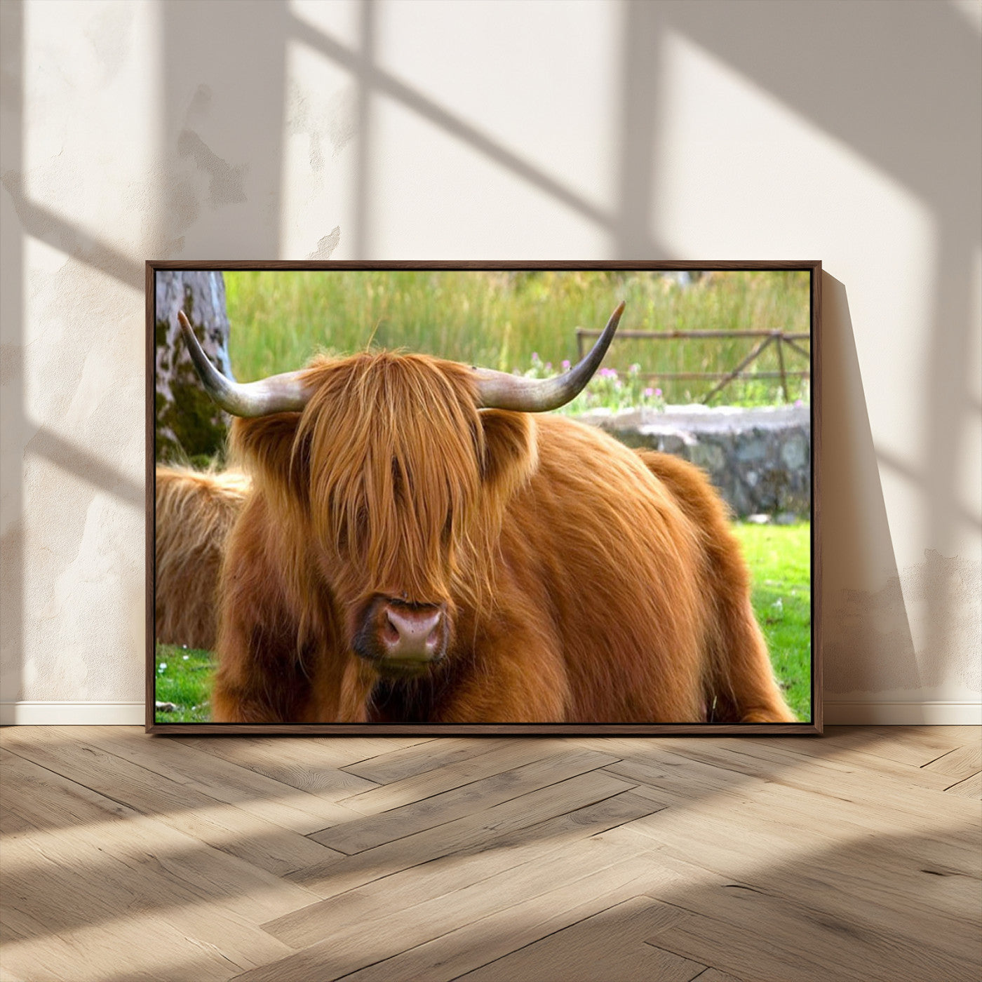 68411138-MGV-CV-36X24-Highland Cow Long Hair Rustic Farm Animal Horns Green Pasture Natural Beauty Outdoor Wall Art Canvas Print
