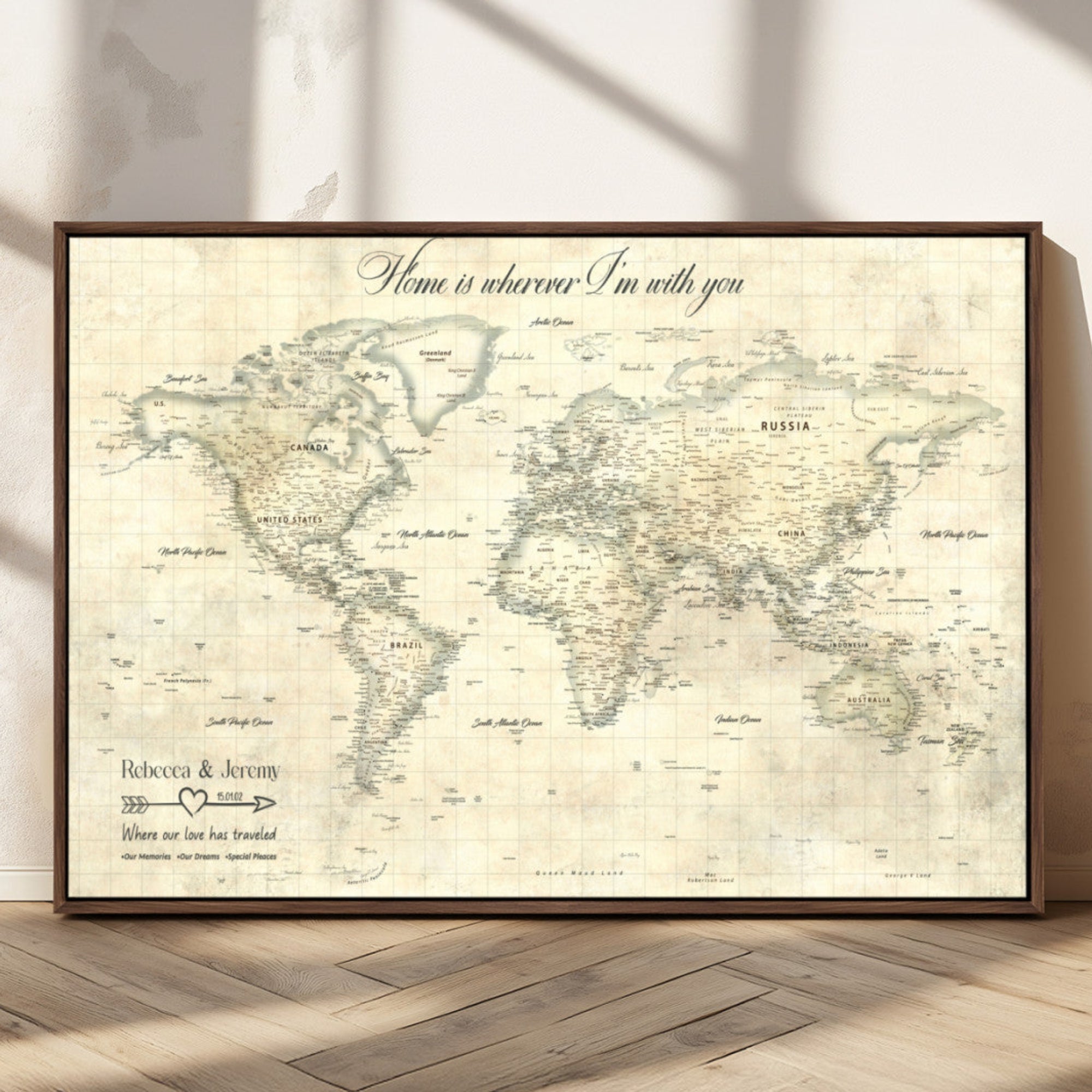 56779339-MGV-FC-36X24_Walnut-Personalized World Map Wall Art Canvas Print – Custom Push Pin Travel Map for Couples, Families, or Office Décor