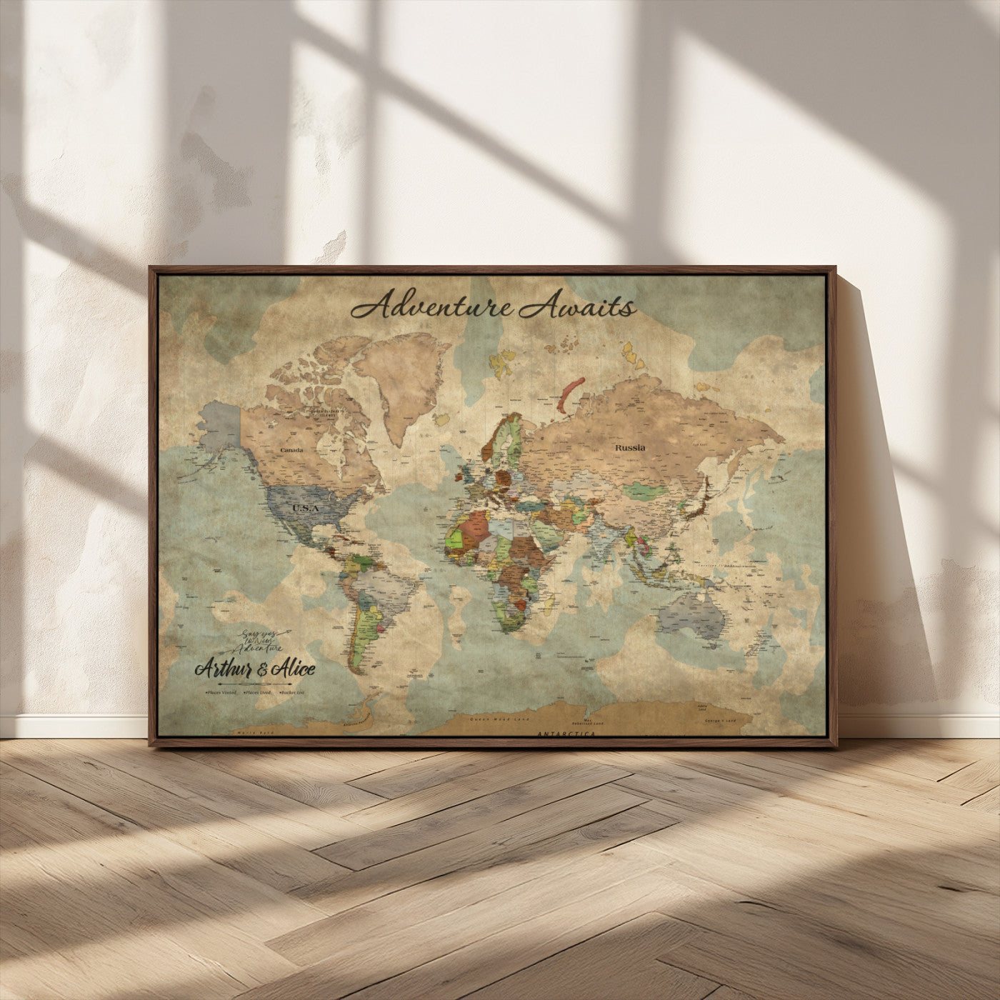 MGV-FC-36X24 - Personalized World Map Wall Art Canvas Print – Custom Push Pin Travel Map for Couples, Families, or Office Décor