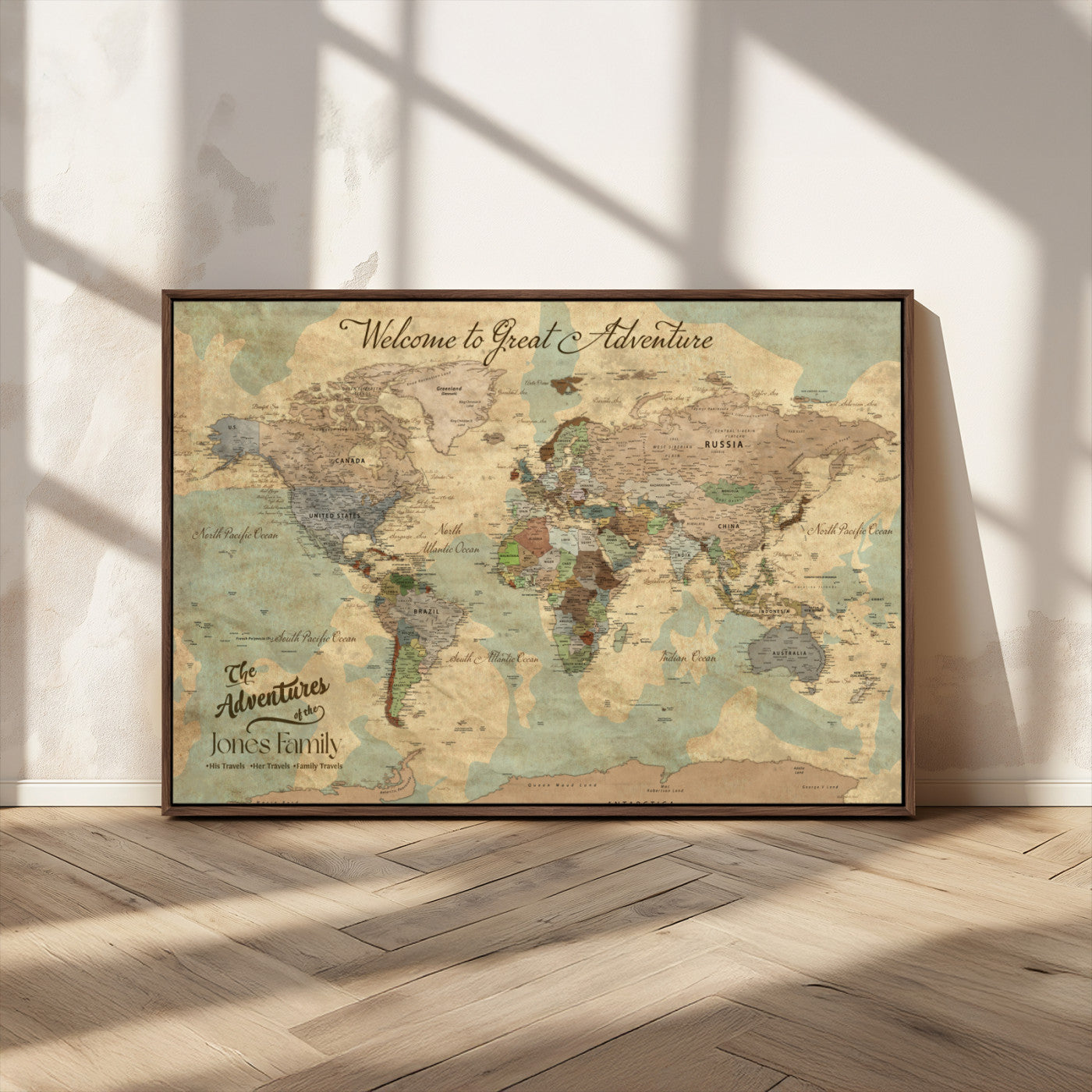 MGV-FC-36X24 - Personalized World Map Wall Art Canvas Print – Custom Push Pin Travel Map for Couples, Families, or Office Décor