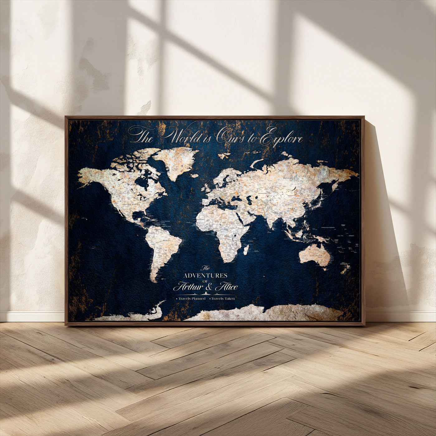 MGV-FC-36X24 - Personalized World Map Wall Art Canvas Print – Custom Push Pin Travel Map for Couples, Families, or Office Décor