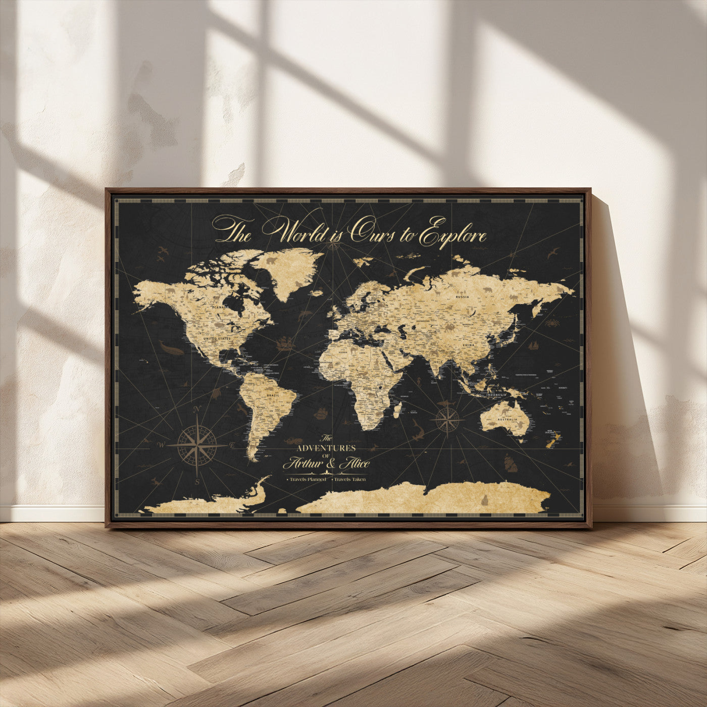 MGV-FC-36X24 - Personalized World Map Wall Art Canvas Print – Custom Push Pin Travel Map for Couples, Families, or Office Décor