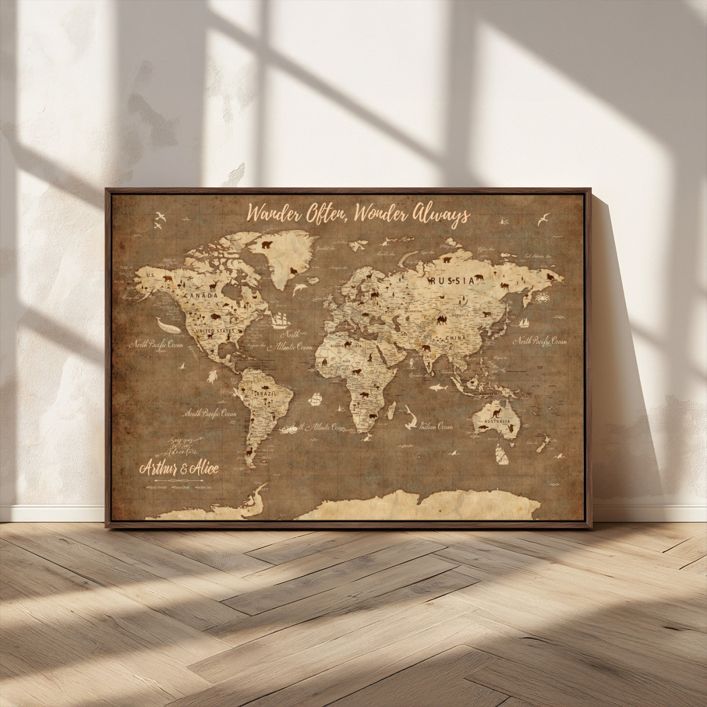 MGV-FC-36X24 - Personalized World Map Wall Art Canvas Print – Custom Push Pin Travel Map for Couples, Families, or Office Décor