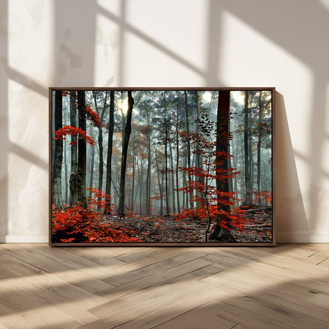 MGV-FC-36X24 - Autumn Forest Canvas Wall Art – Enchanting Red Leaves Triptych Print – Nature-Inspired Decor for