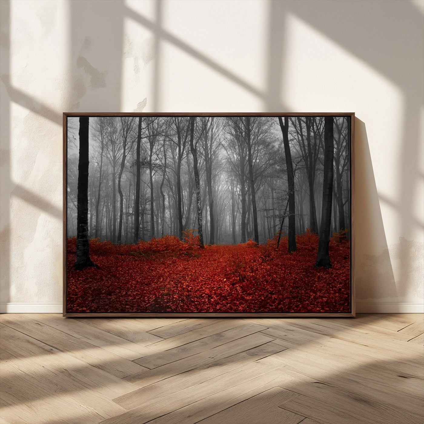 38804-MGV-FC-36X24_Walnut-Red Forest Floor Canvas Wall Art – Mystical Foggy Woodland Triptych – Nature-Inspired Decor for