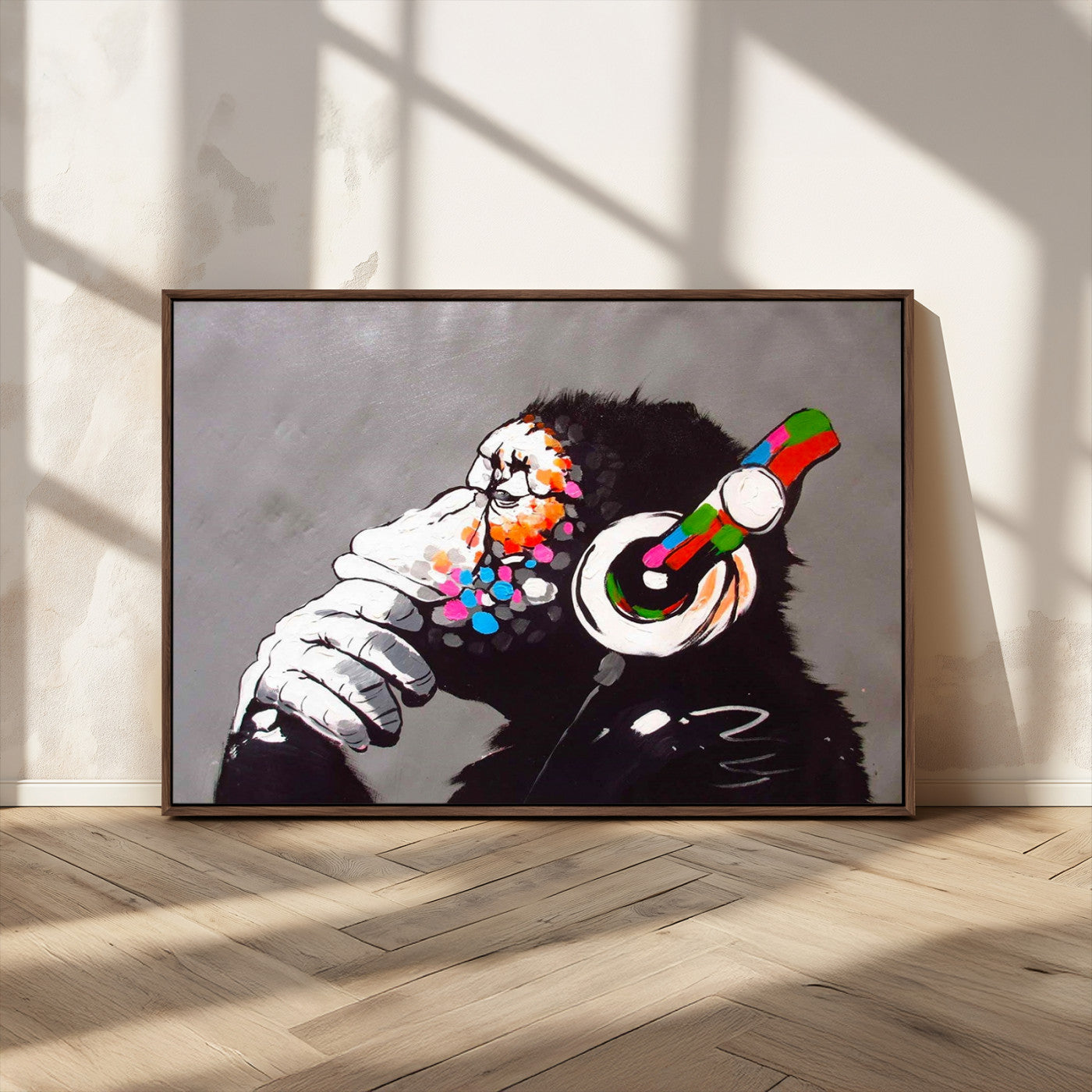 MGV-FC-36X24 - Dj Monkey Listening to Music Wall Art Print | Banksy Monkey Large Canvas Print for Living Room,