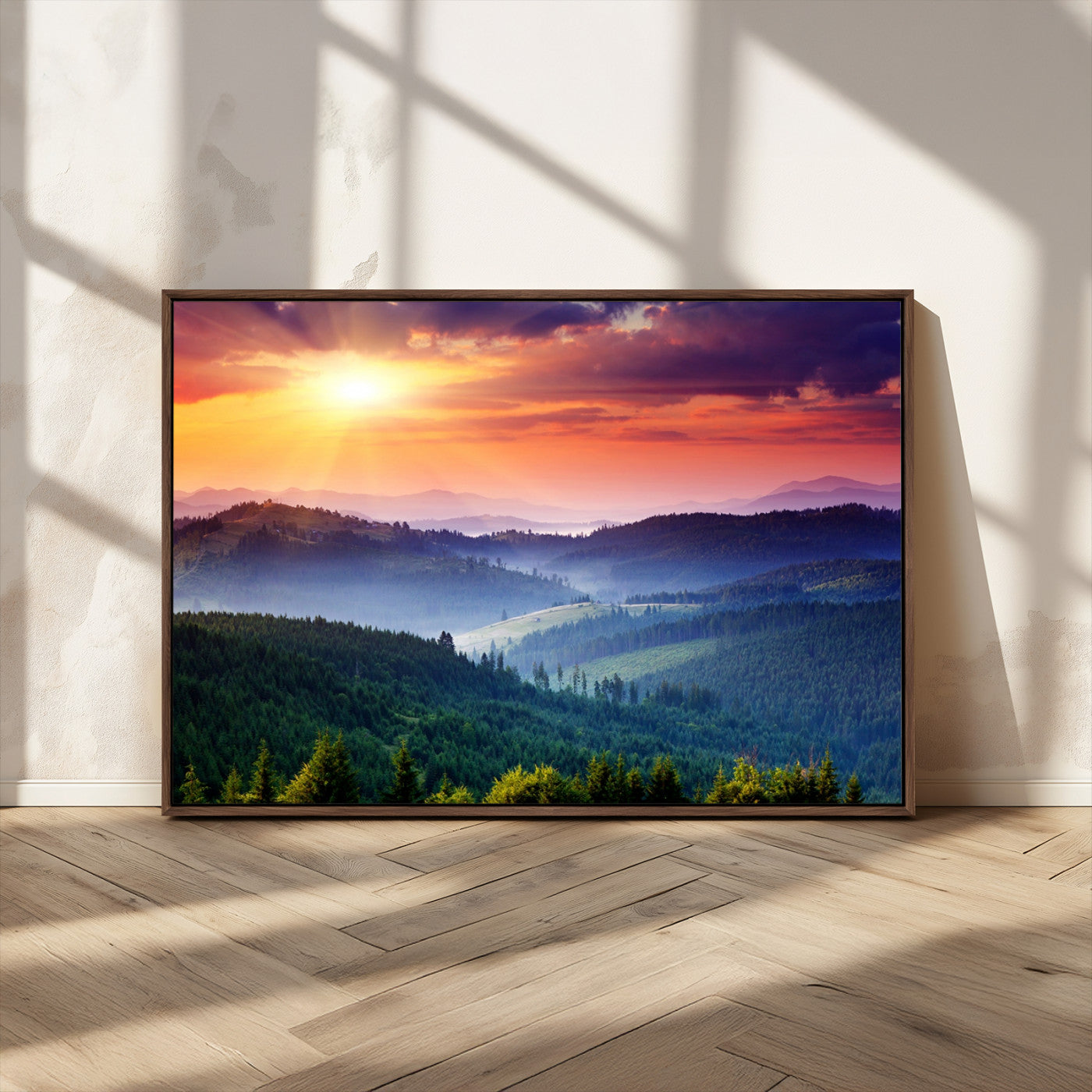 MGV-FC-36X24 - Sunset over Mountain Canvas Print, Forest Canvas Wall Art – Triptych Nature Landscape for Living