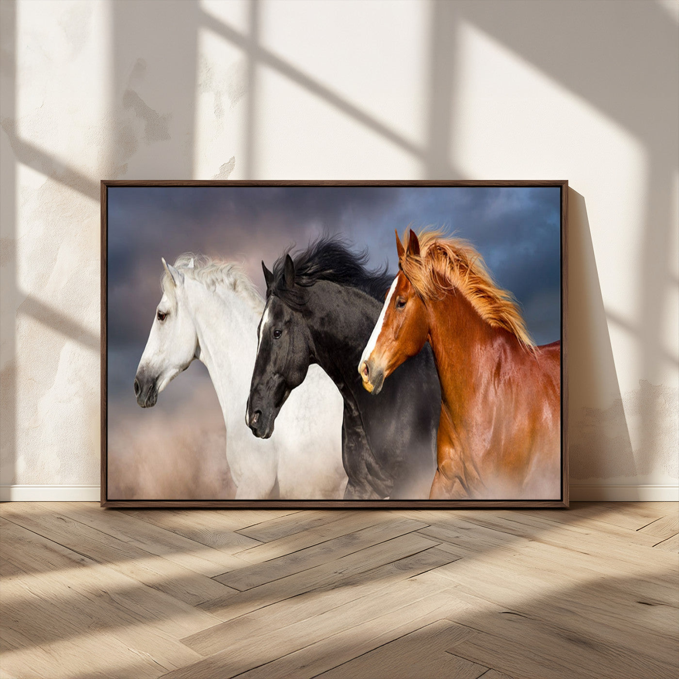 MGV-FC-36X24 - Animal Wall Art Three Horses Farmhouse Art Canvas, Framed Three Horses Canvas Print
