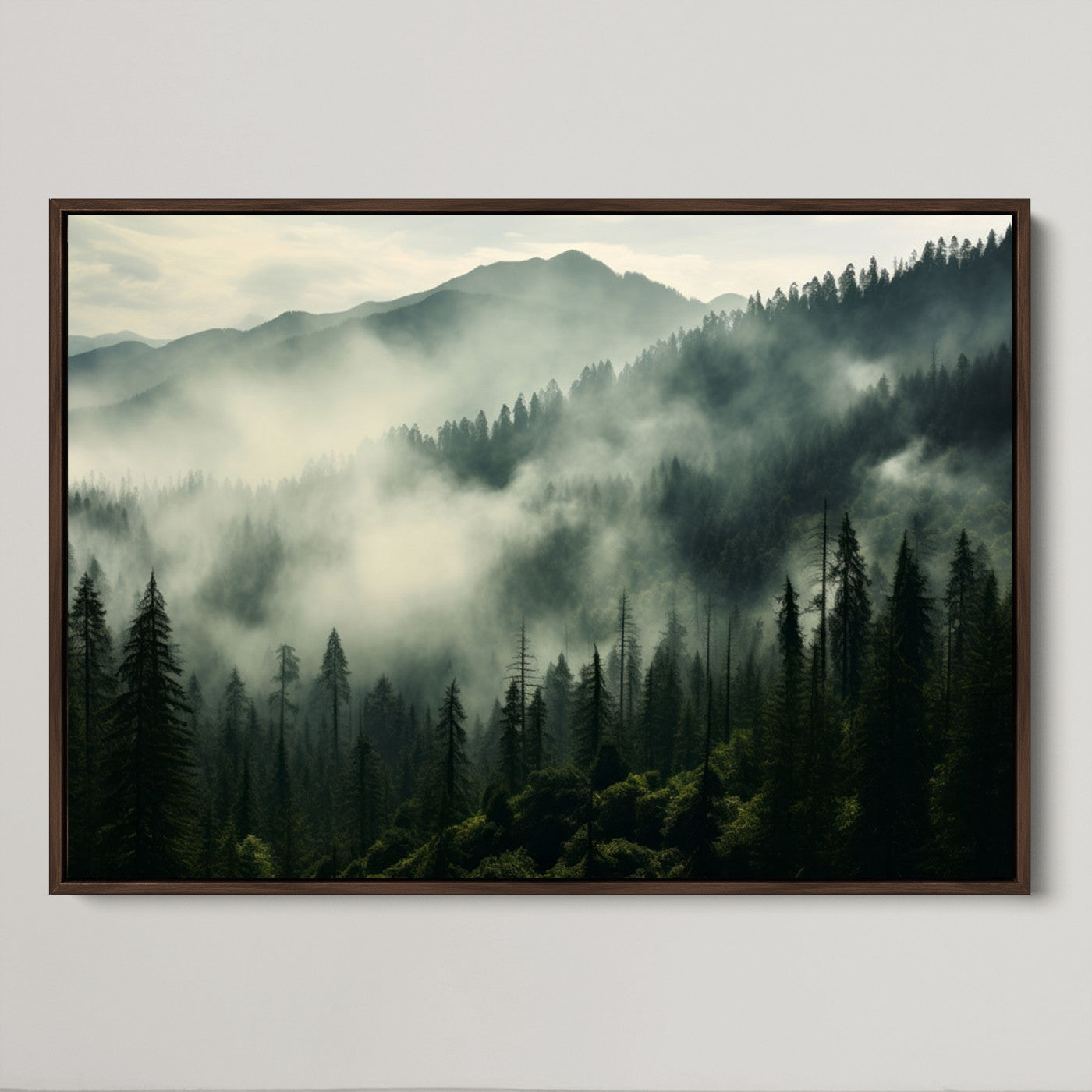 25295-MGV-FC-36X24_Walnut-Captivating Misty Forest Wall Art Premium Canvas Print a Foggy and Serene Atmosphere