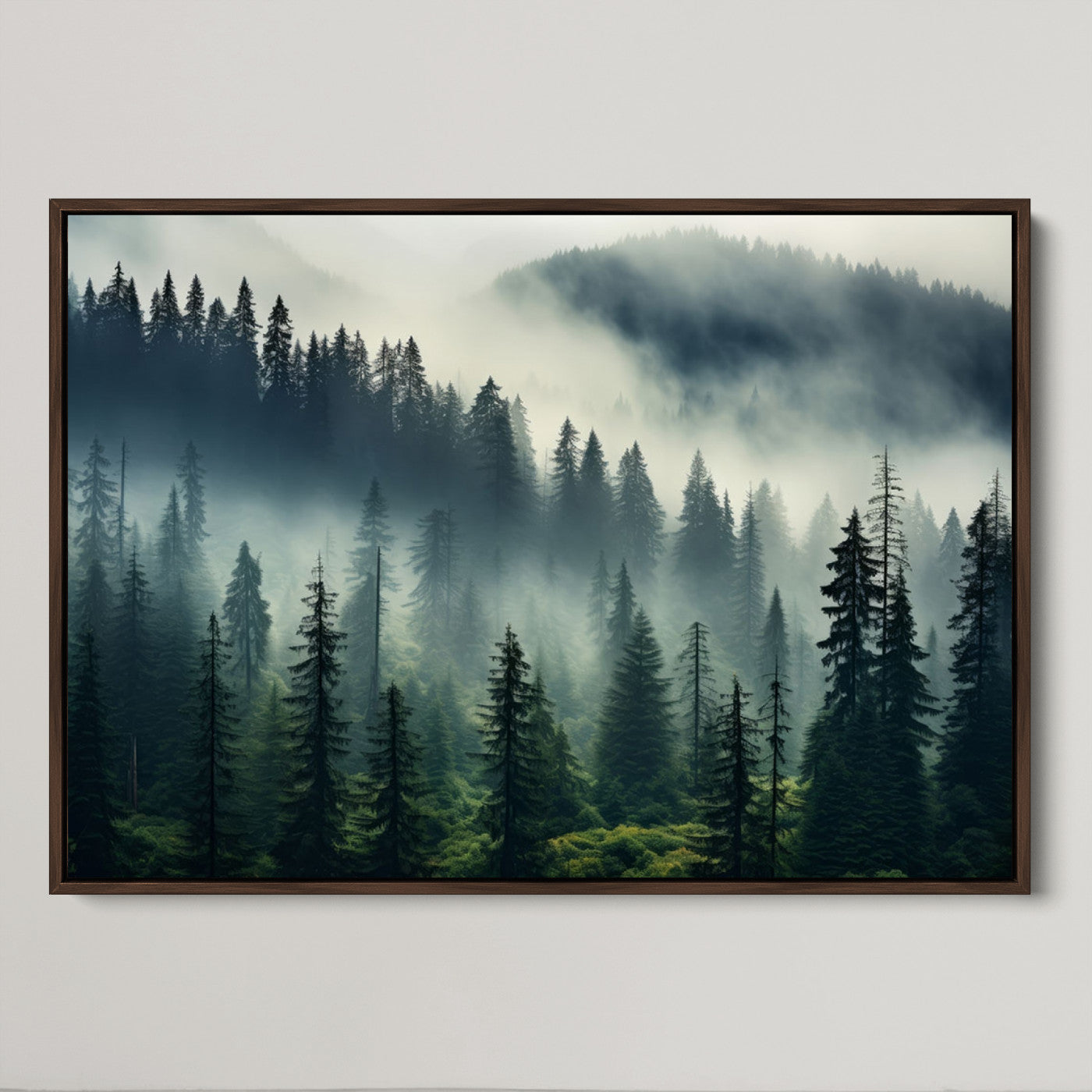 48606-MGV-FC-36X24_Walnut-Captivating Misty Forest Wall Art Premium Canvas Print a Foggy and Serene Atmosphere