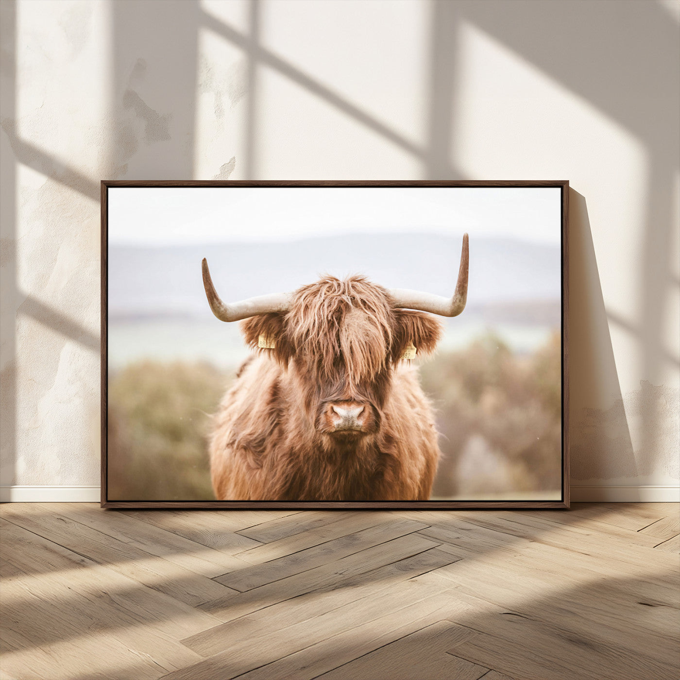 MGV-FC-36X24 - Scottish Serene Highland Cow Canvas Wall Art – Serene Highland Cow in Natural Pastel Tones – Ready