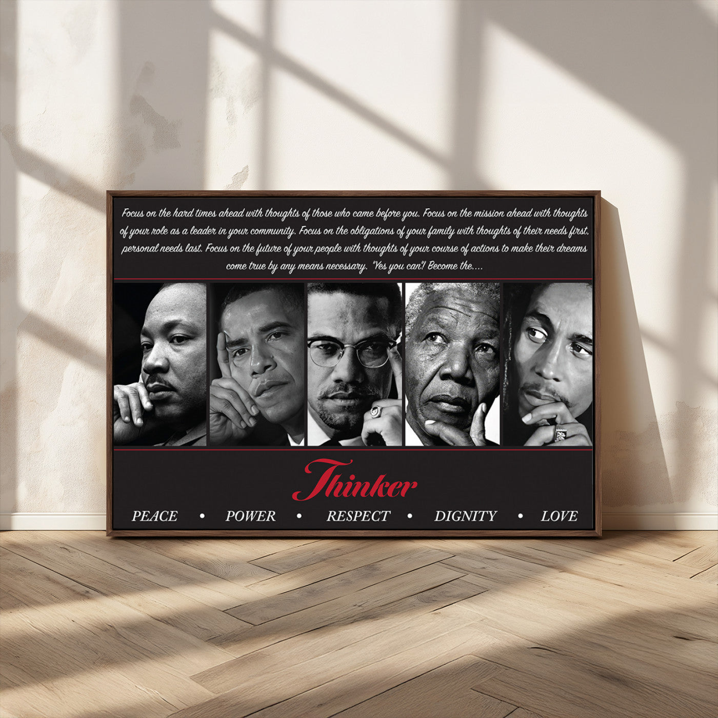 MGV-FC-36X24 - Thinker Quintet Canvas Wall Art – Martin, Obama, Malcolm X, Mandela, Marley Featuring Peace, Power,