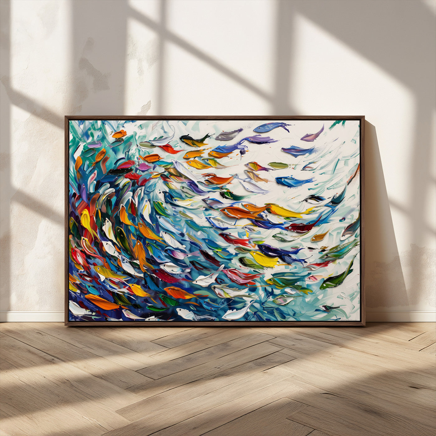 MGV-FC-36X24 - Modern Abstract Fish Shoal Wall Art Canvas Print, Colorful Fish Herd Painting on Canvas Print, Ocean