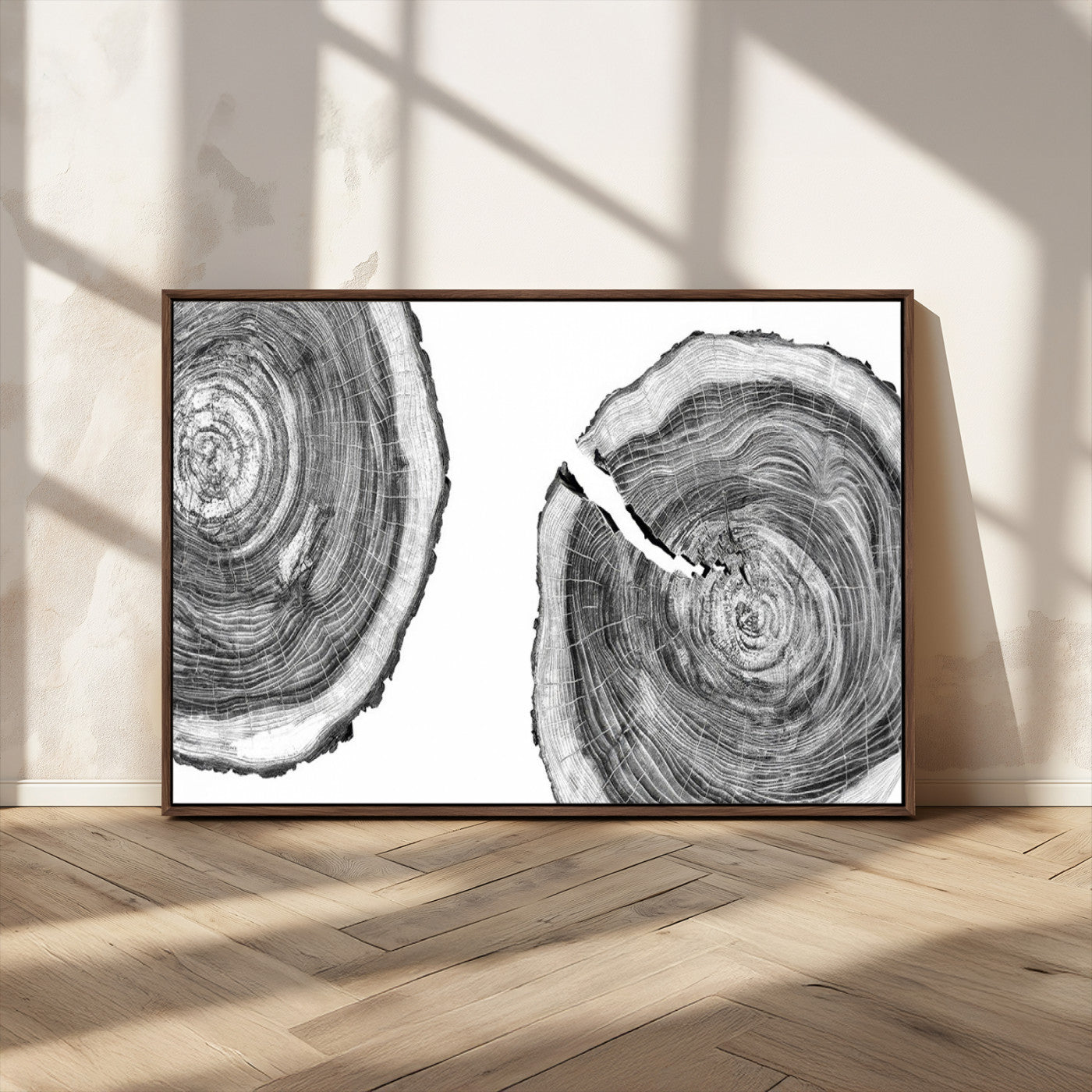 MGV-FC-36X24 - Modern Black and White Tree Rings Canvas Wall Art – Nature Inspired Wood Slice Print – Minimalist