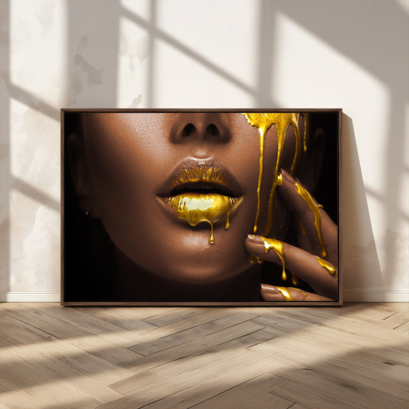 MGV-FC-36X24 - African American Art Black Woman Canvas Print, African Wall Art, Fashion African Woman Gold Lips