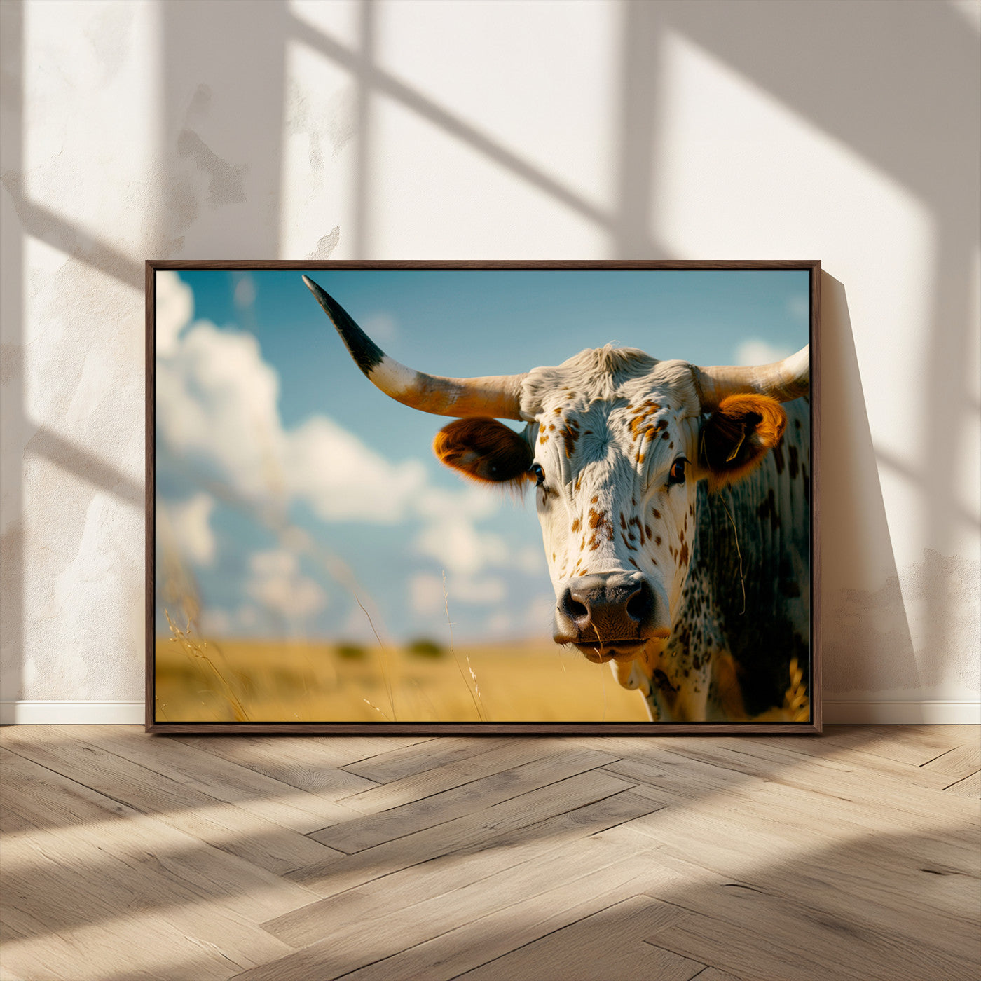 MGV-FC-36X24 - Longhorn in the Prairie - Stunning Ranch-Style Triptych Wall Art for Western Home Decor, Cowboy Wall