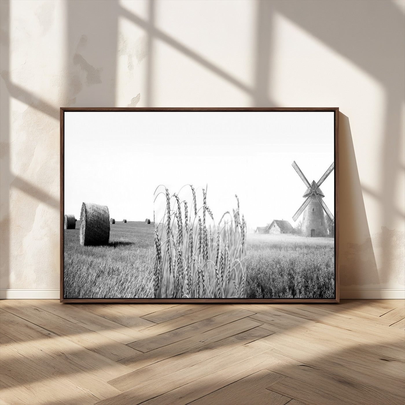 MGV-FC-36X24 - Vintage Farmhouse Black and White Triptych Wall Art – Giclee Canvas Featuring Wheat Fields, Hay